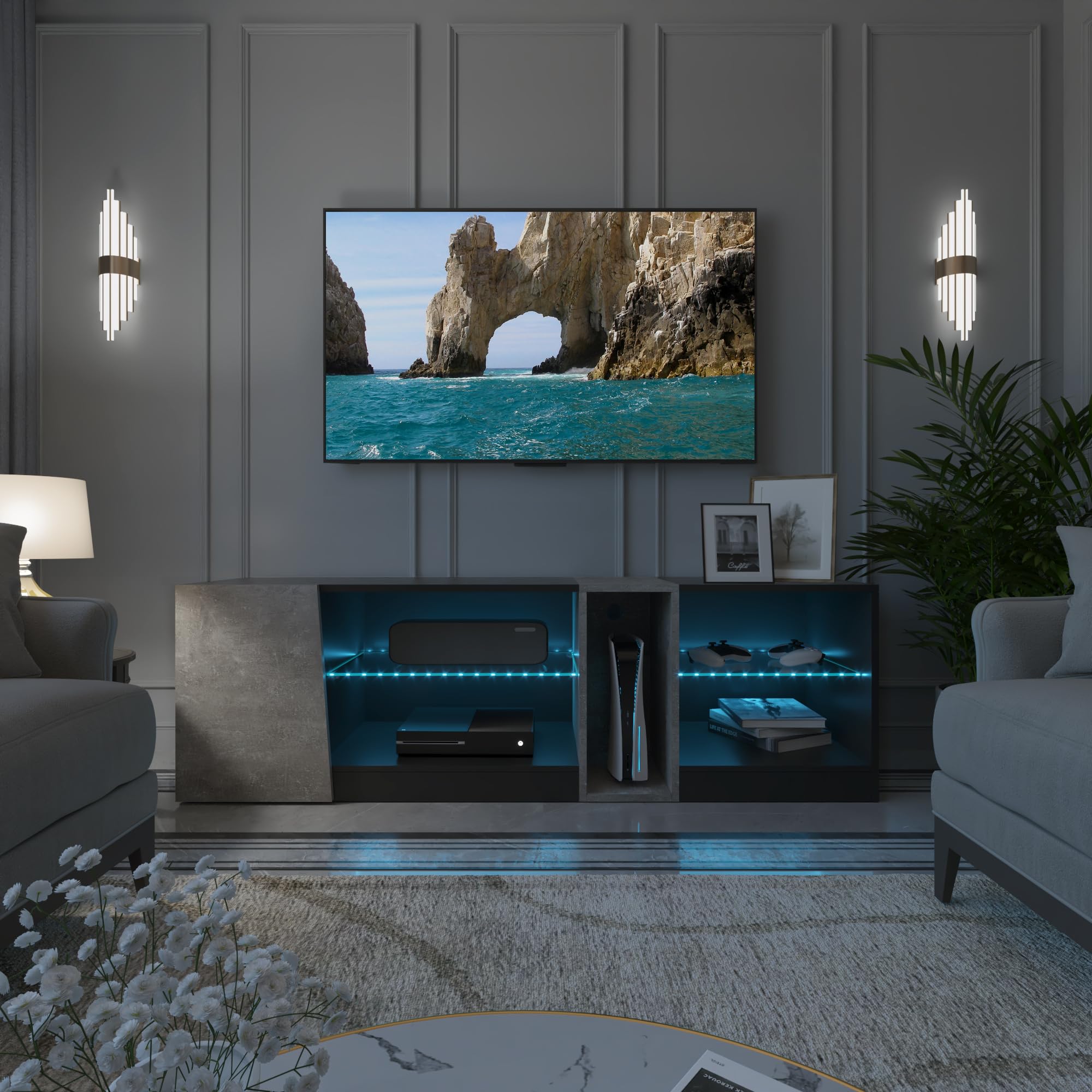 Mondeer Meuble TV, Support Télé LED avec 5 Compartiments et 1 Porte, pour TV de 55 Pouces, pour Salon Chambre à Coucher, W140 x H45 x D37,5 cm, Noir et Gris
