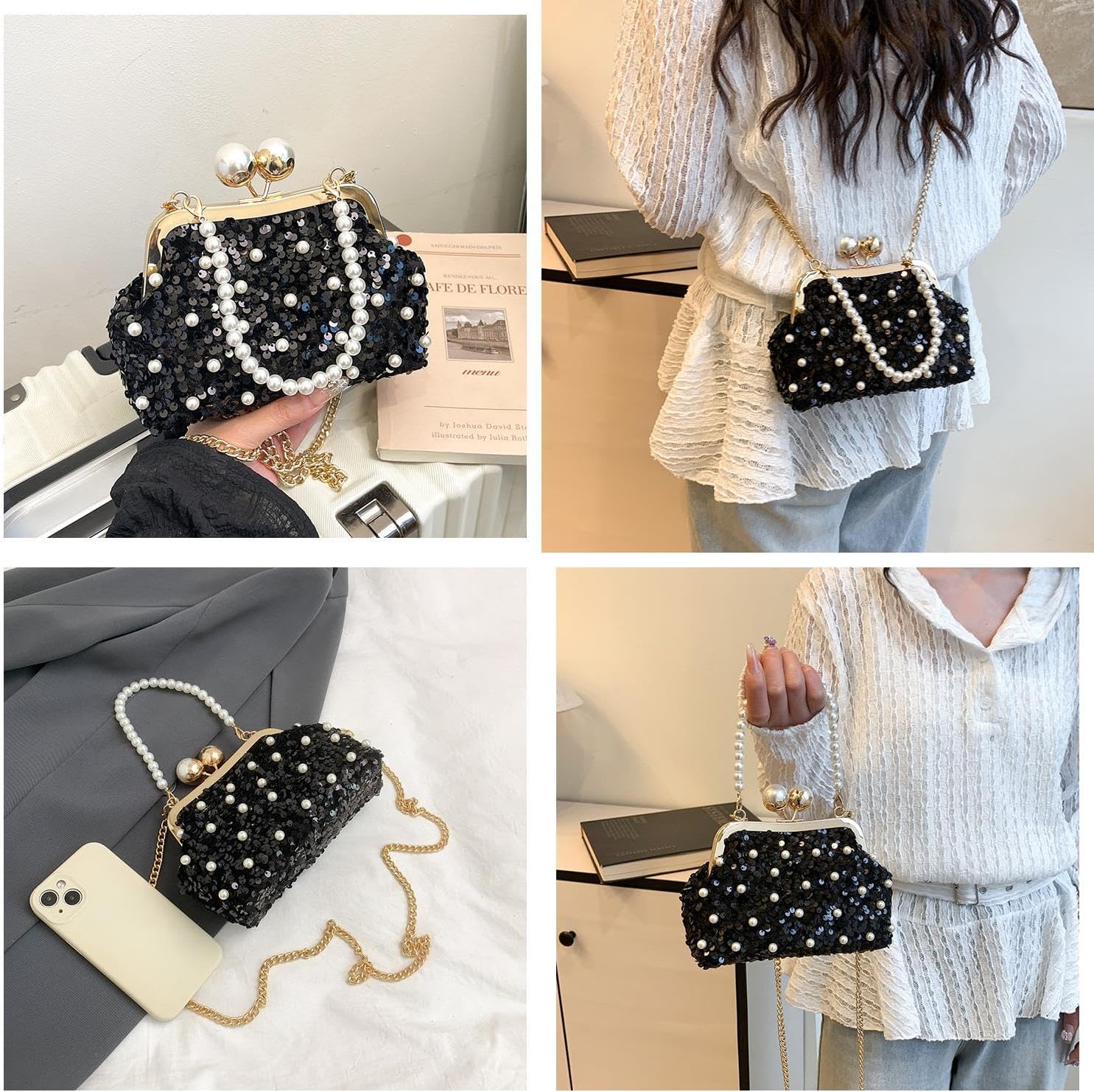 Women Glitter Sequins Evening Clutch with Pearl Handle Shiny Evening Handbag for Women Prom Wedding Party Clutch - Image 4