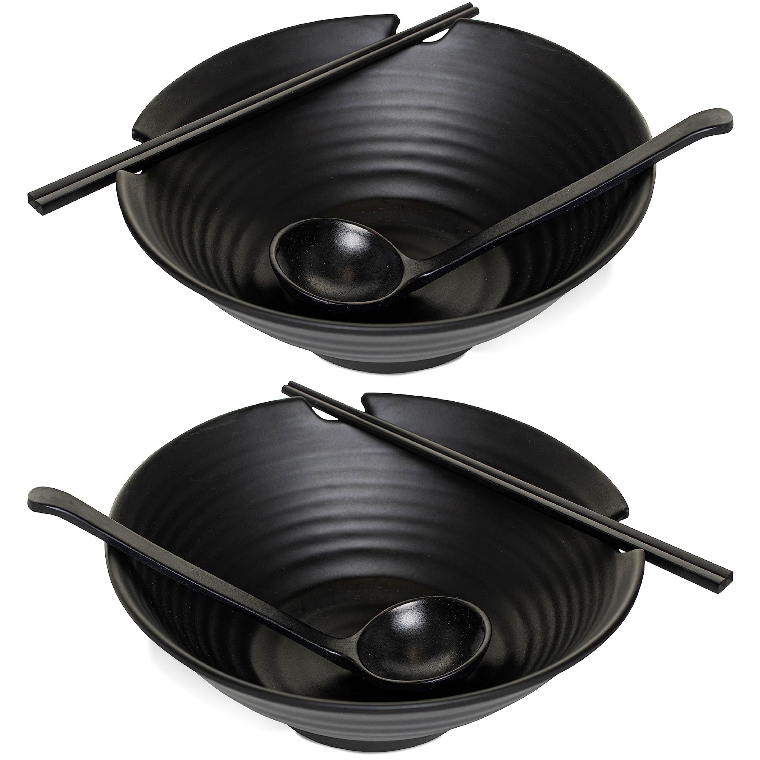 HEFTMAN Juego de 2 cuencos de ramen japonés - elegantes cuencos de ramen de 1000 ml, aptos para lavavajillas, juego de cuencos de fideos de plástico duradero - Con cucharas y palillos a juego (negro)