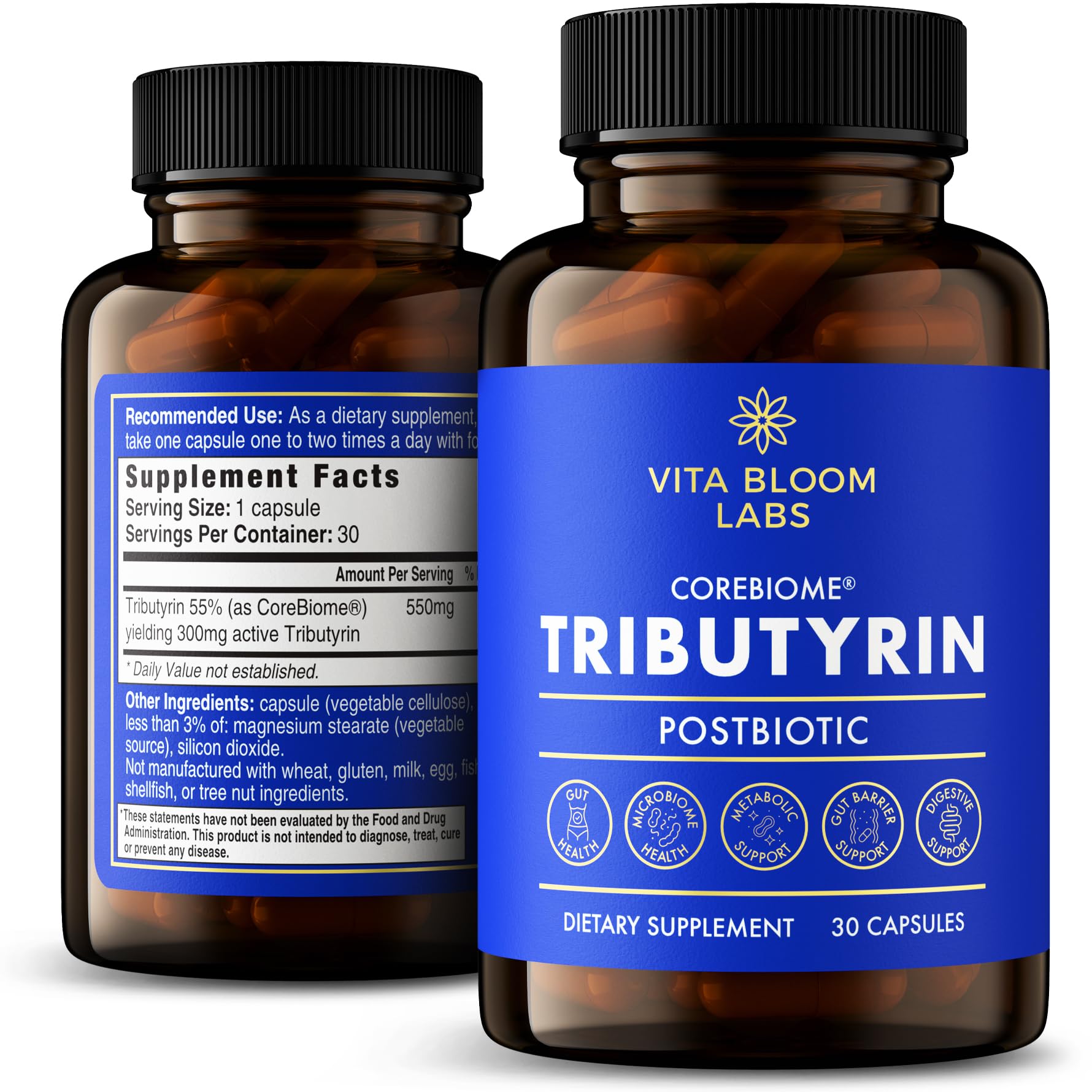 Tributyrin Supplement - Better Delivery & More Effective than Sodium Butyrate - Gut Health & Digestive Support - 3-in-1 Butyrate Postbiotics for Leaky Gut & Gut Barrier Support - 30 Capsules