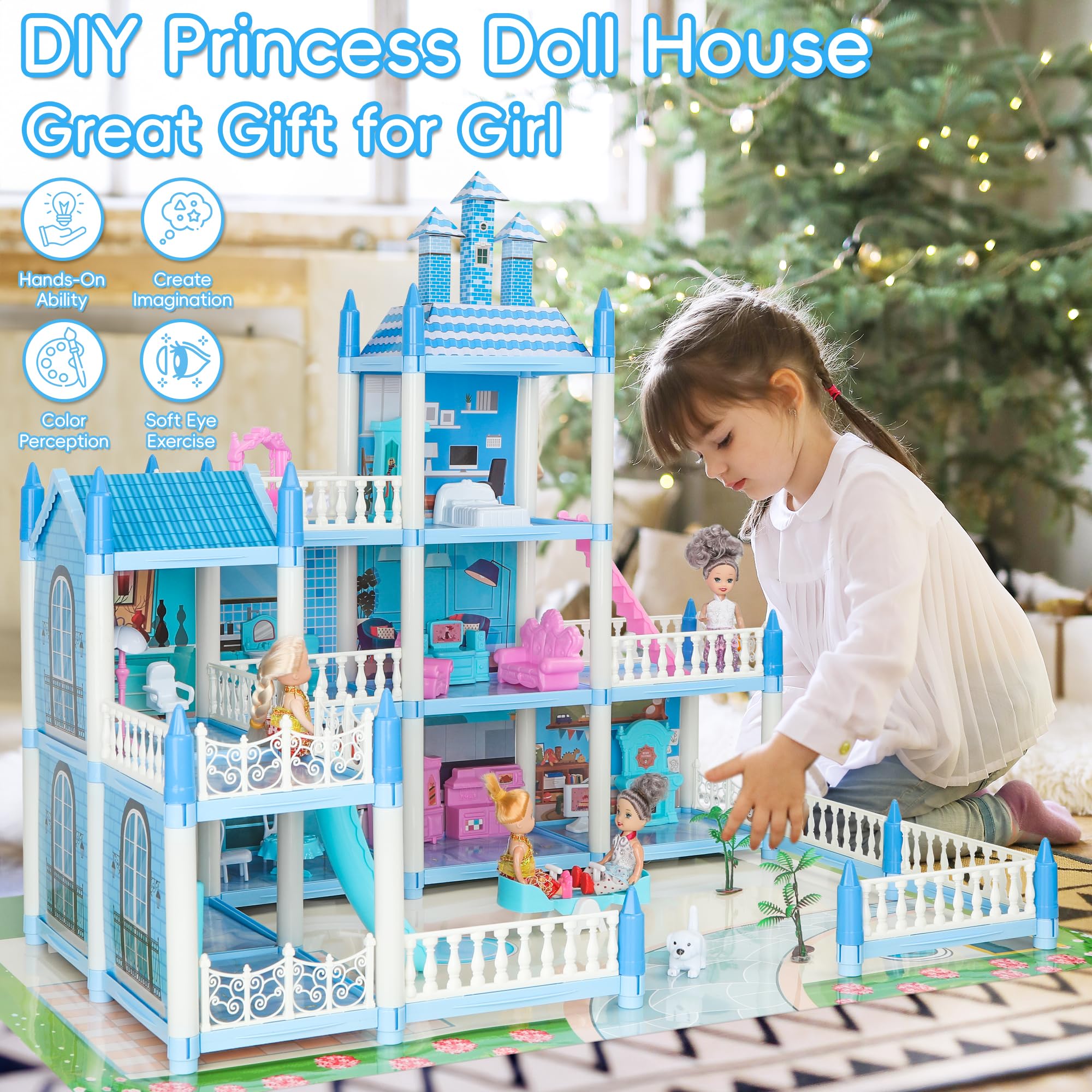 Casa Delle Bambole A 4 Piani Con Luci – Set Da 11 Pezzi Con 4 Bambole E Accessori – Per Bambine 3-8 Anni (Viola)