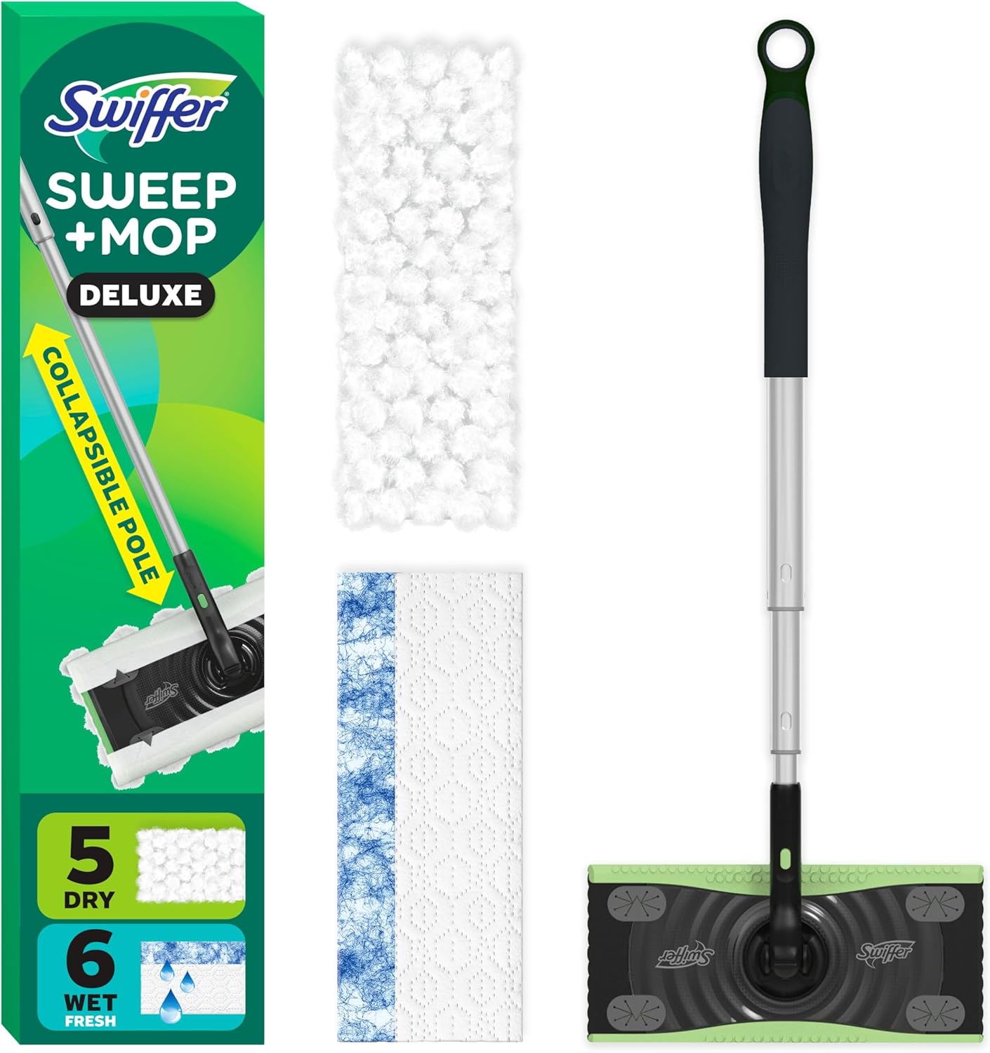 Swiffer Sweep and Mop Deluxe, 2-in-1 Floor Mopping and Sweeping Kit, Kit Includes 1 Sweeper Device, 5 Heavy Duty Dry Sweeping Cloths, 6 Heavy Duty Wet Mopping Cloths
