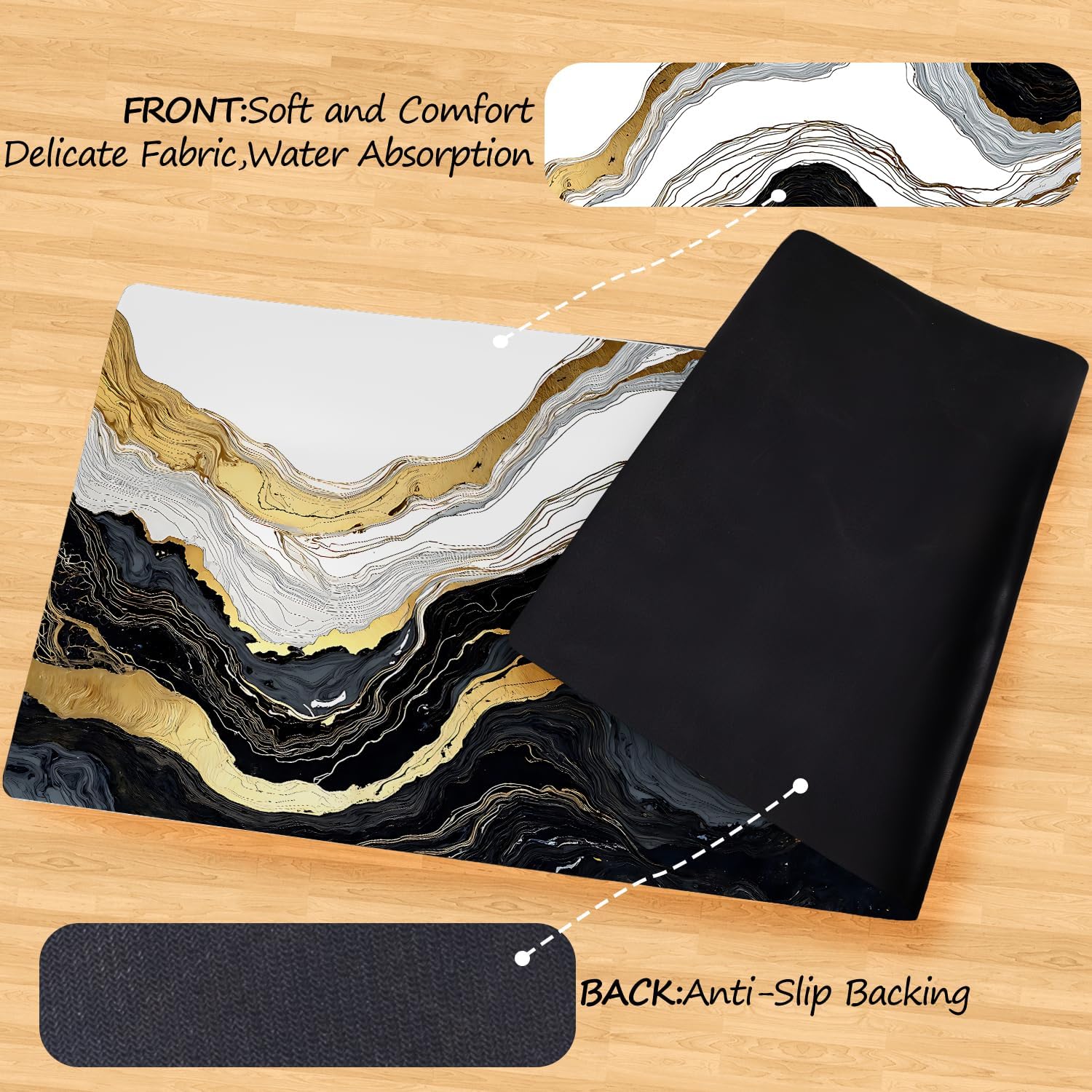 ANNA QUEEN Black and Gold Marble Laundry Room Rug 20x47 Inch – Abstract Art Non Slip Runner Mat for Kitchen, Laundry and Modern Home Decor
