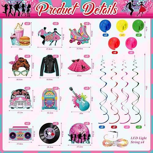 Miniatura 2 de Skyygemm 56 piezas de decoraciones colgantes de los años 50 con luces retro de rock and roll, remolinos colgantes de disco de música, recortes de