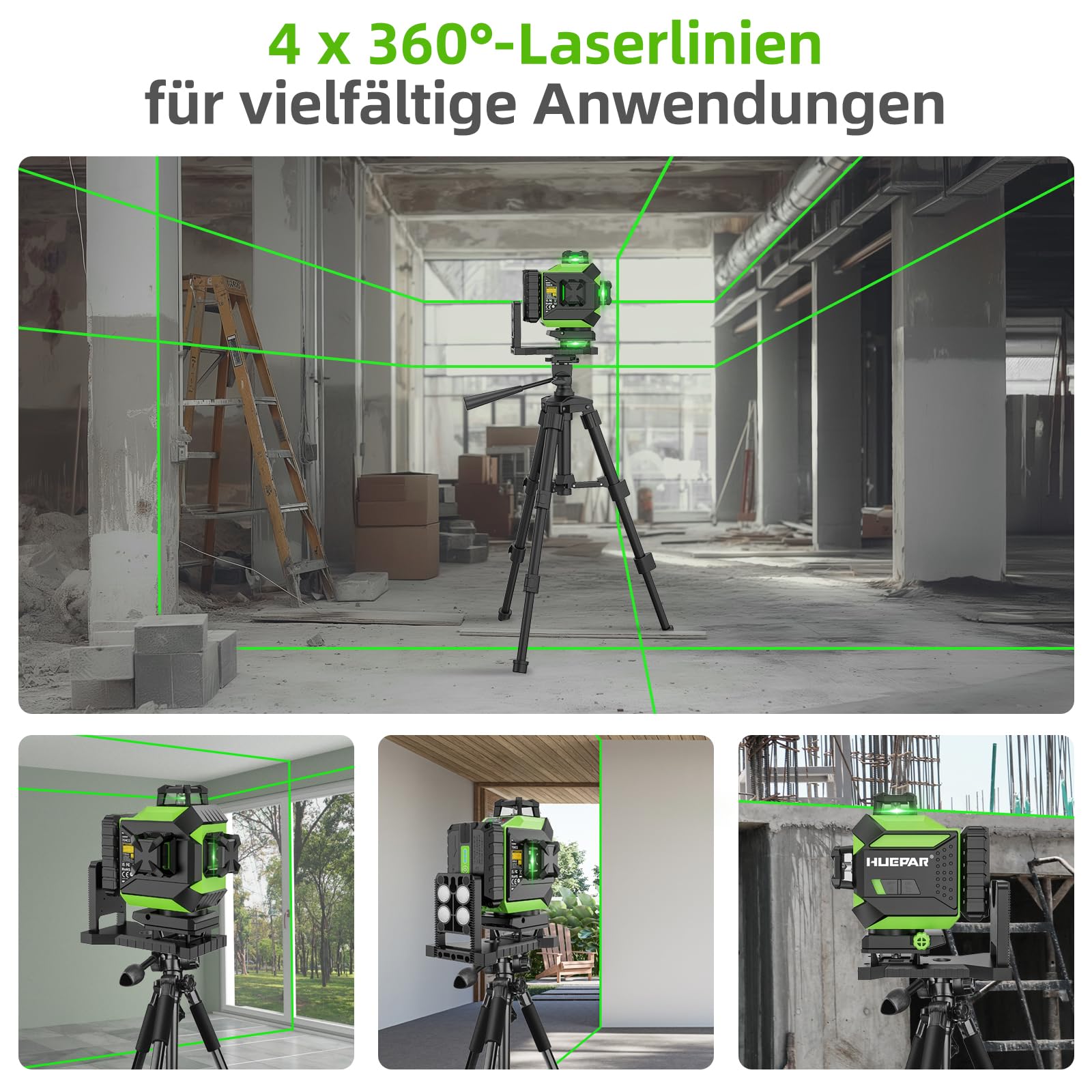 Huepar 903CG - Selbstnivellierenr Lasernivellier - 3x360 3D Lasernivellier GrÜner Kreuzlinienlaser – HUEPAR