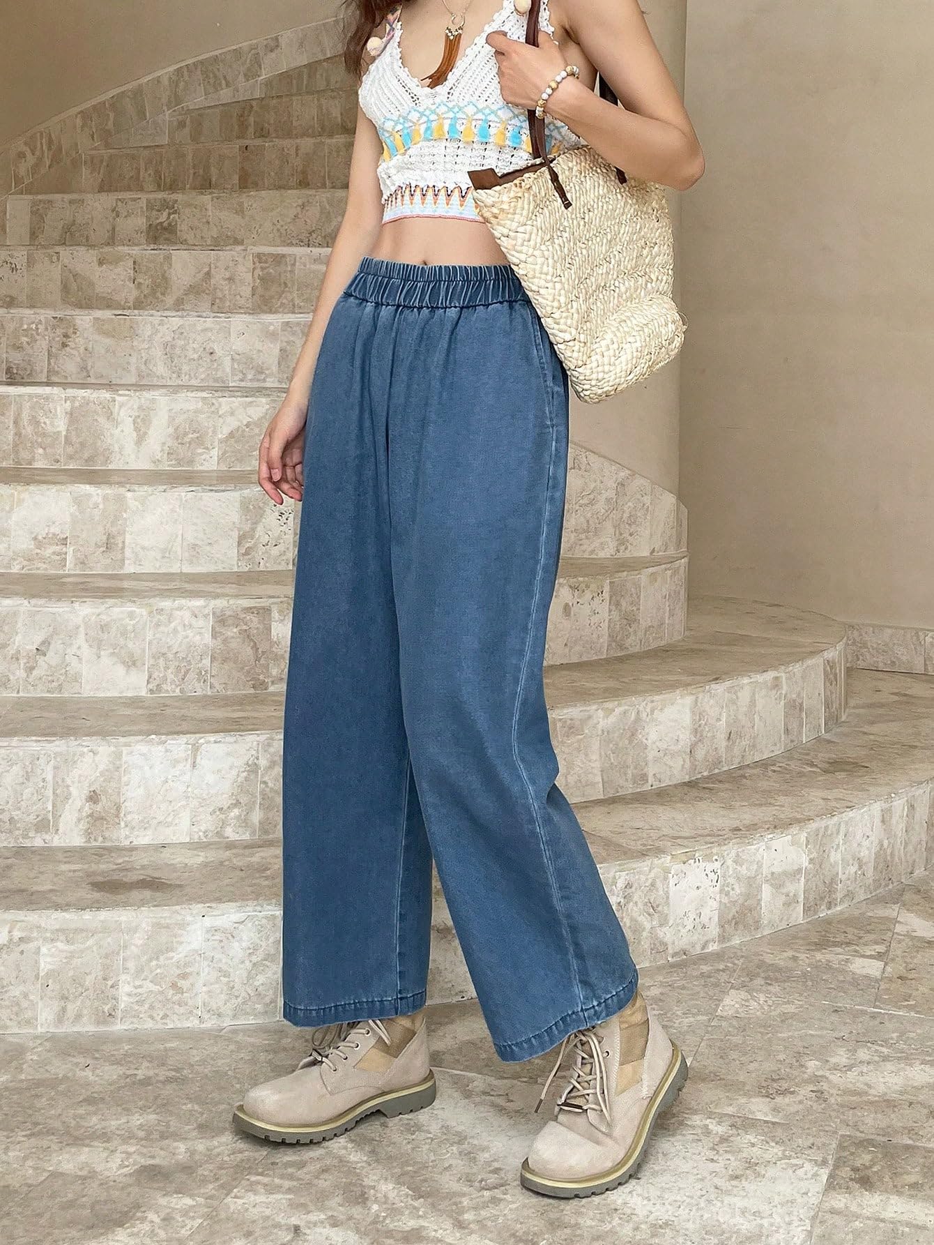 Shasmi Jeans in cotone per ragazze donne elastico in vita ritagliato dritto alla caviglia gamba larga casual vestibilità ampia jeans da donna (jeans 239)