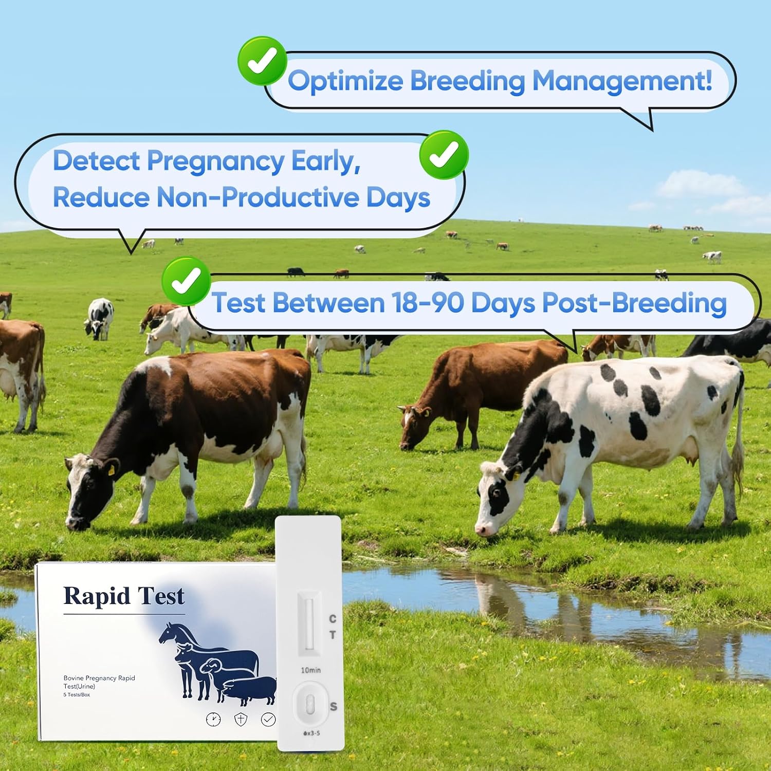 Bovine Pregnancy Test Kit - 5 Urine Tests, Rapid Results in 5-15 mins for Dairy & Beef Cows, Accurate Early Detection 18-90 Days Post-Breeding