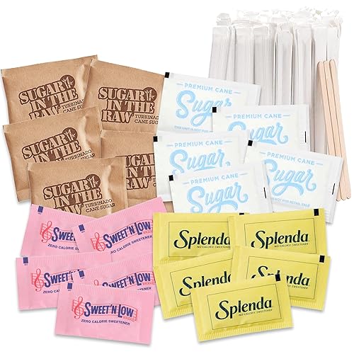Miniatura 1 de Paquetes surtidos de azúcar y edulcorantes más agitadores de café de madera, azúcar premium, azúcar en crudo, Splenda, Sweet'N Low - Paquetes de