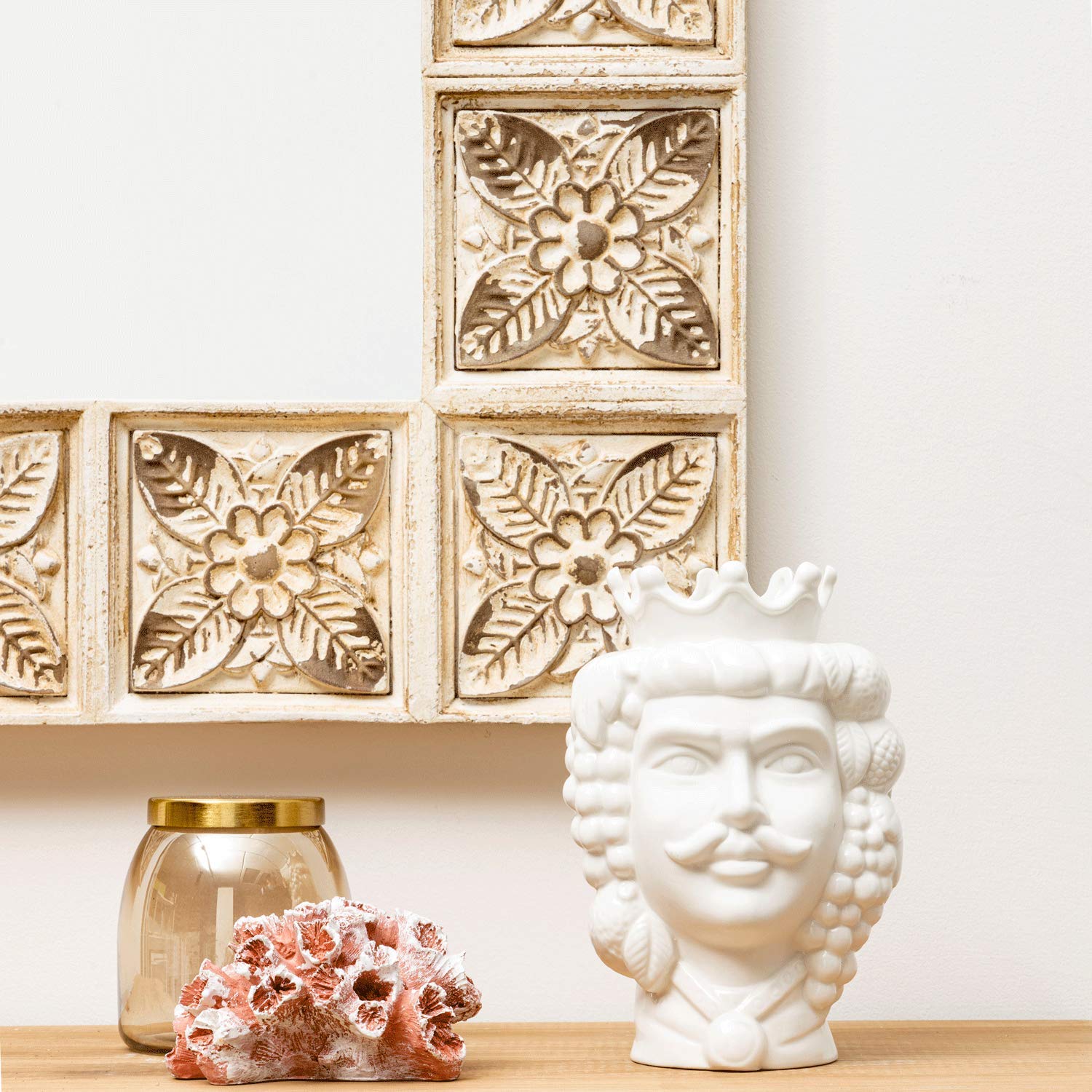 Baroni Home Testa di Moro in Ceramica in Stile Siciliano Dipinto a Mano Monocromatico, Vaso per piante da Interno, Soprammobile di design, Stile Italiano, Re Bianco, 14x14x22cm