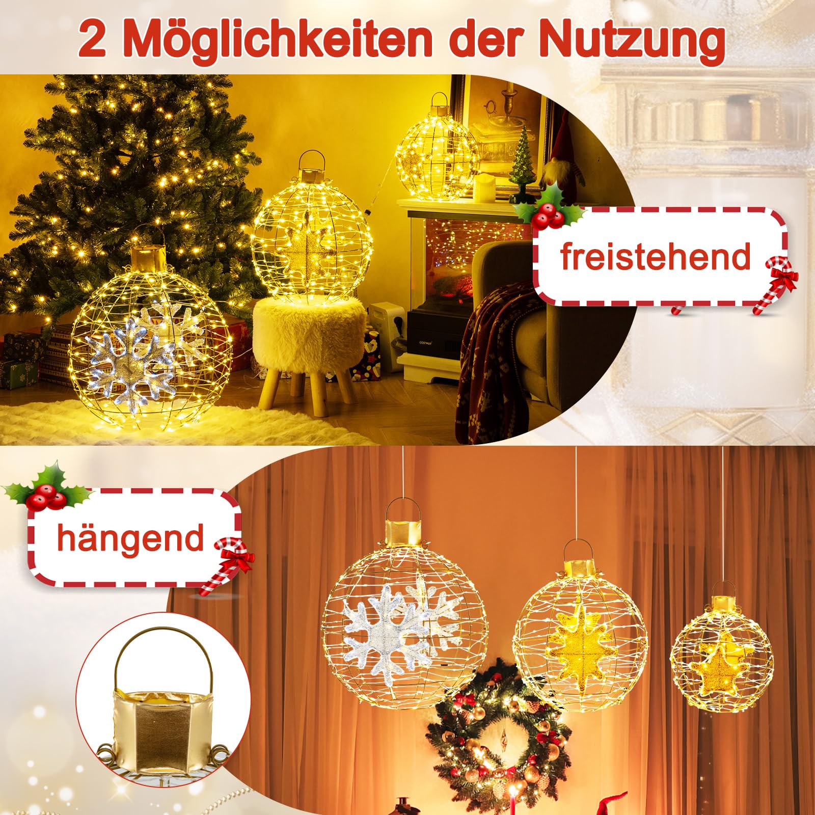 COSTWAY 3er Set LED Dekokugel, Leuchtkugel, Weihnachtsdeko, Weihnachtsbeleuchtung für innen und außen
