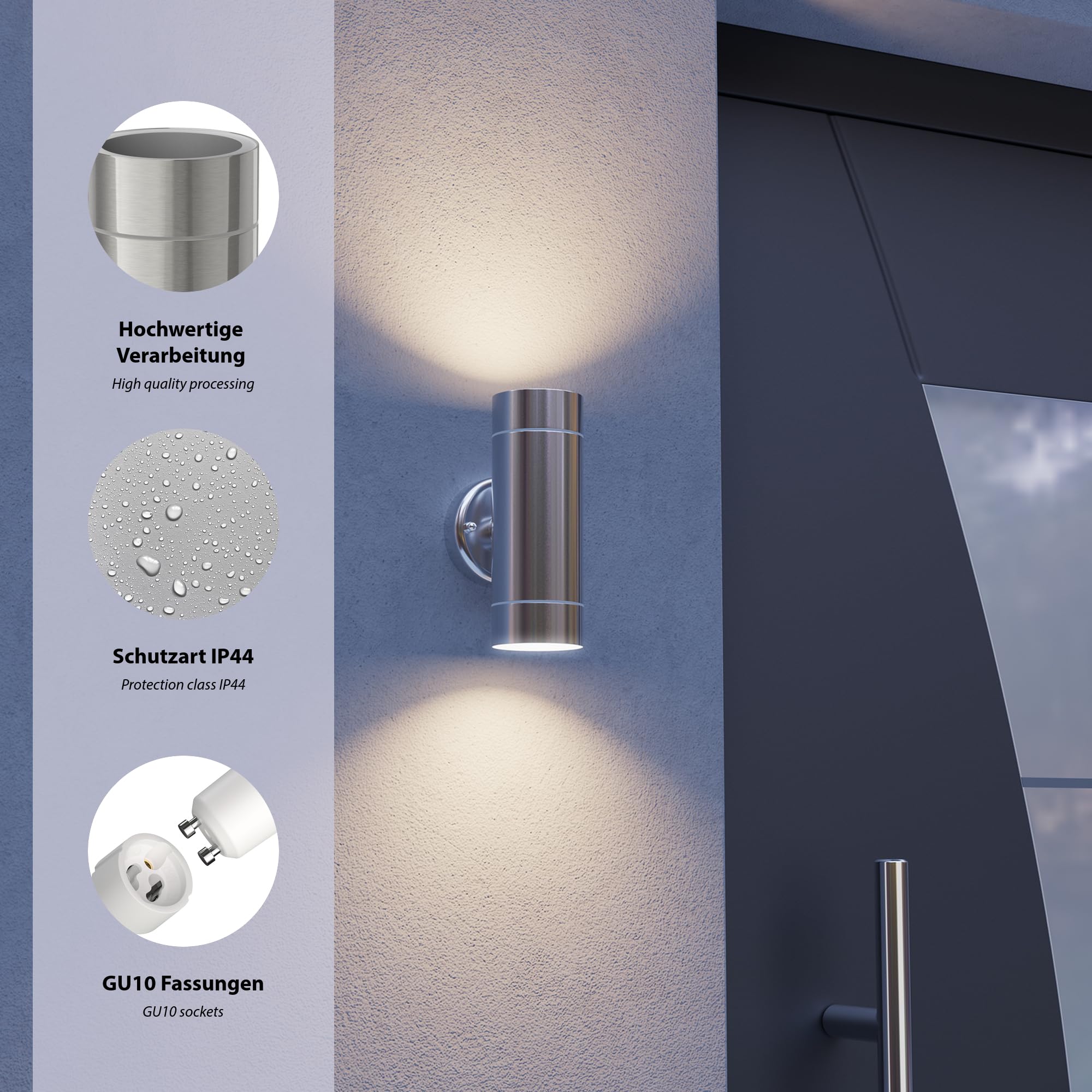 ledscom.de Lampada da parete WEDO per esterno in acciaio inox cromato opaco IP44 Up & Downlight + 2 lampade Smart Home RGBW LED ciascuna 10,82W ciascuna 473lm