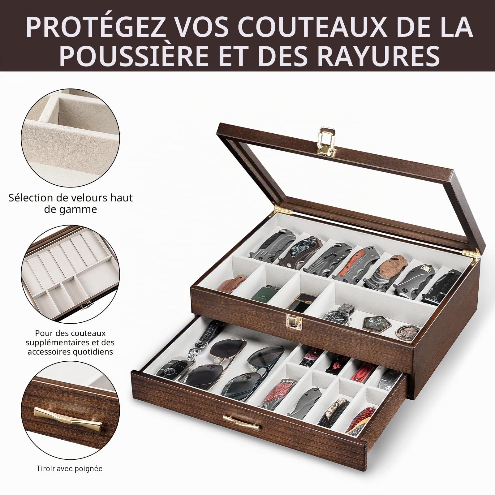 2 Étages Coffret Poignard, Bois Boîte Présentation Poignard pour 17 à 23 Couteaux de Poche, Grande Vitrine à Couteaux avec Vitre Supérieure en Verre Véritable, pour Collection, Cadeau (Noyer)