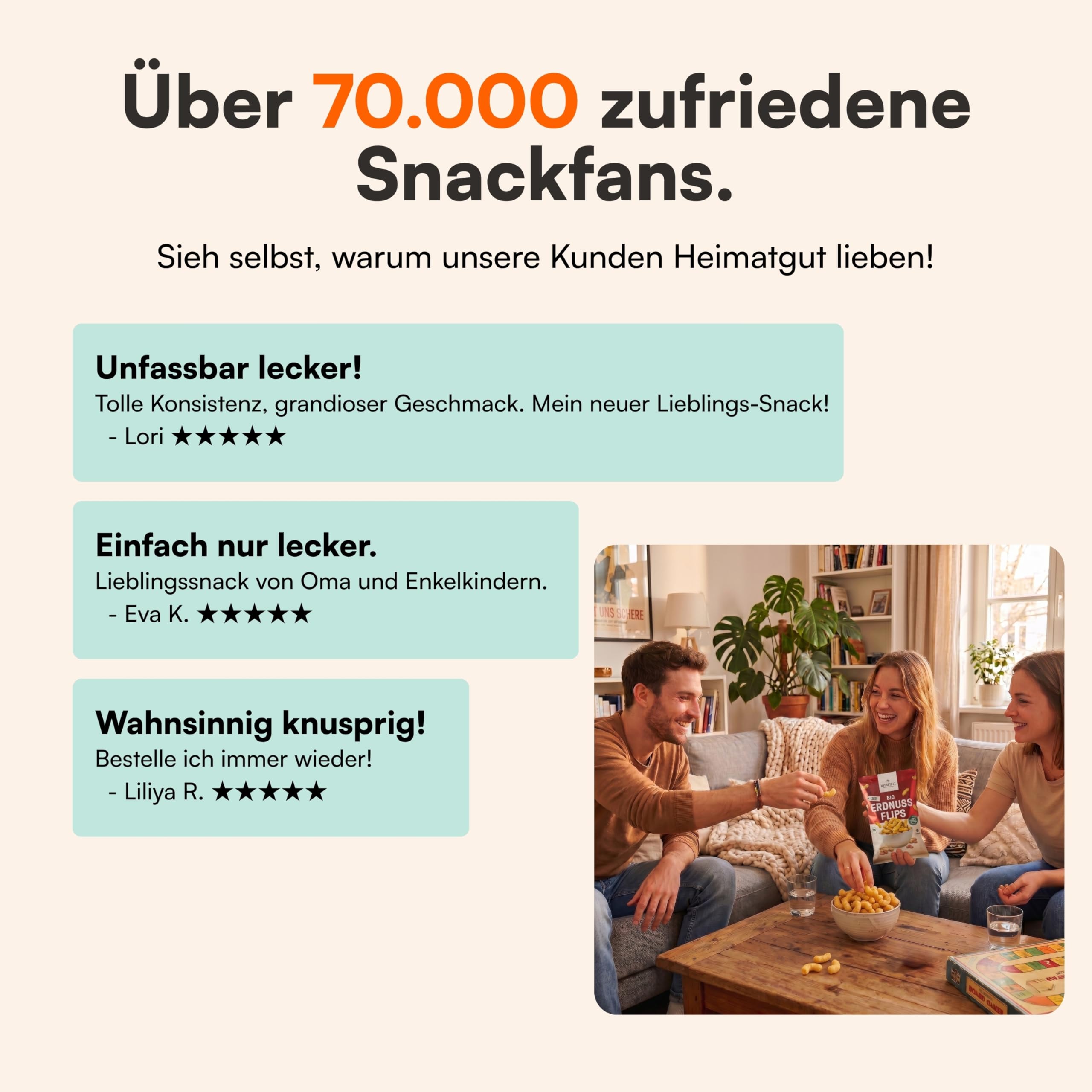 HEIMATGUT Bio Erdnussflips - Im Ofen gebacken statt frittiert - 100% Bio & Vegan - Mit 33% gerösteten Erdnüssen - Proteinquelle - Ohne künstliche Zusätze - 123 kcal pro Portion (14 x 125g)