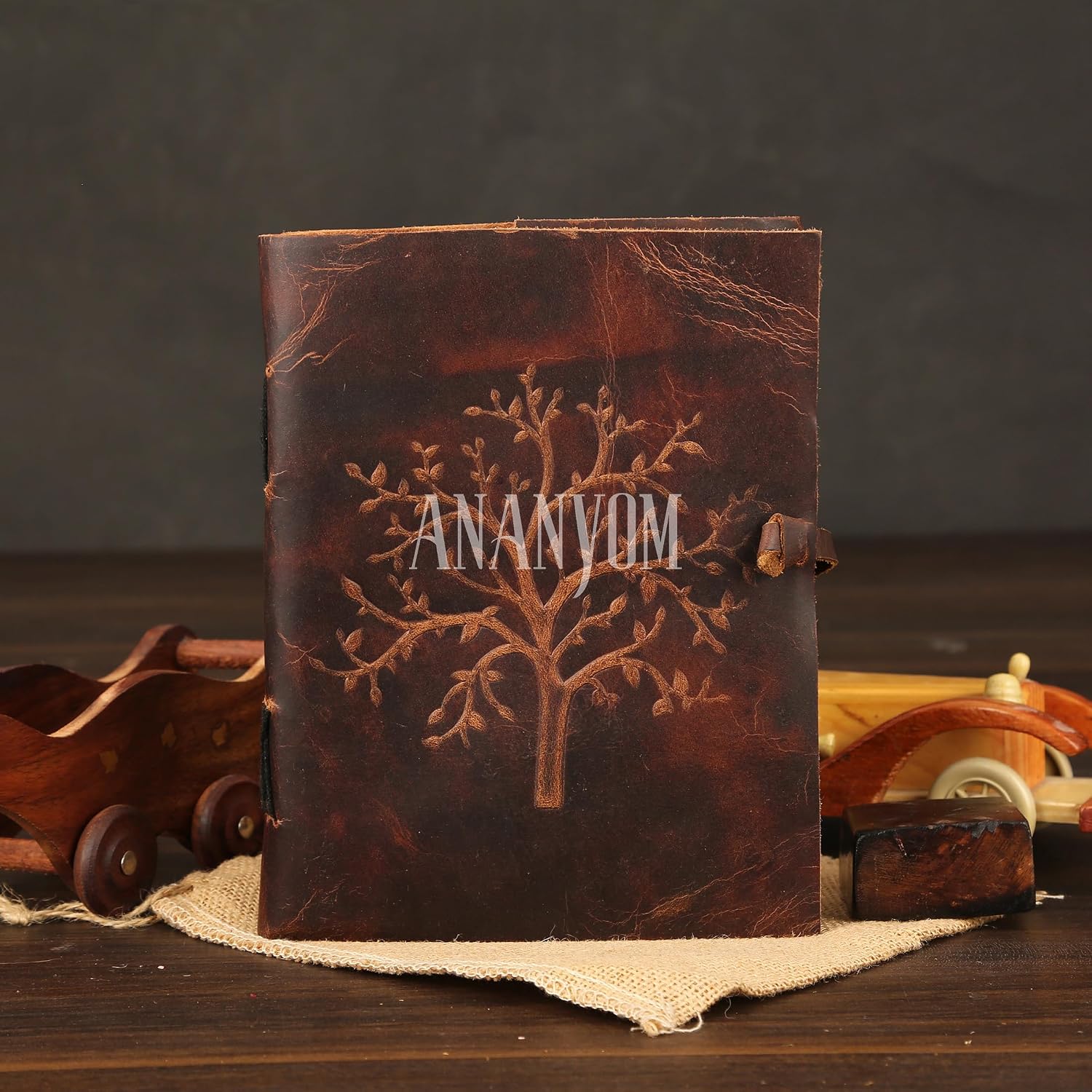 Handmade Leather Journal, Reddish Brown, Soft Buff Leather Tree Of Life Notebook Diary, Sketchbook with Leather String Bound Lock, Embossed Journal for Men & Women, Office Journal Handmade