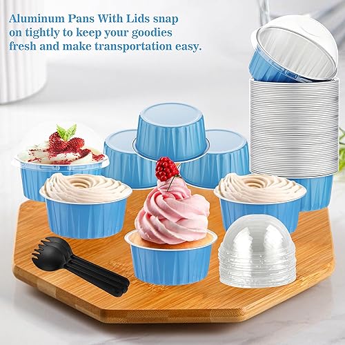 Miniatura 104 de 50 moldes para hornear con tapas, mini moldes de aluminio de 4 onzas con tapas, moldes desechables, moldes individuales para tartas, forros