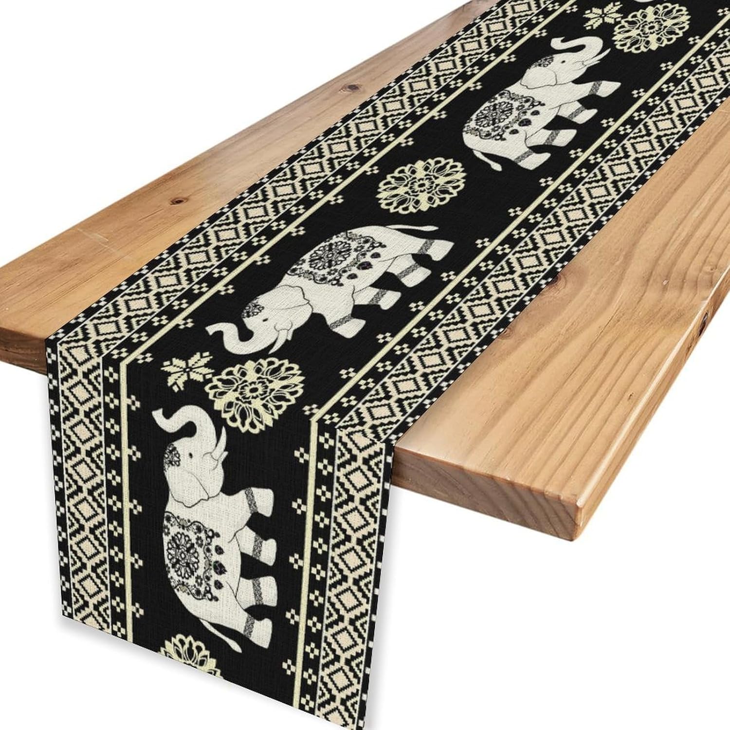African Tribal Table Runner, Rustic Black Indian Elephant Boho Animal India Diwali Traditional Ethnic Vintage Table Center Decor for Family Kitchen Outdoor Holiday Party Table Decorations, 13"x108"