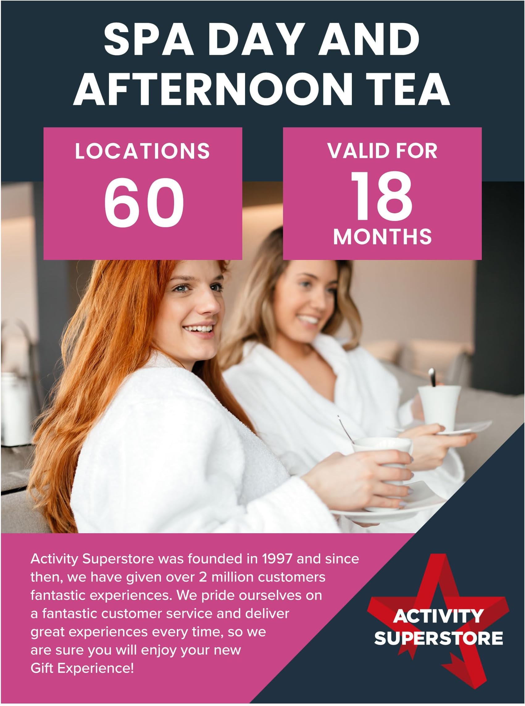 Spa Day with Afternoon Tea for Two Gift Experience Voucher, 18-month Validity, Experience Days, Spa, Couples Gift, Afternoon Tea, Retirement Present
