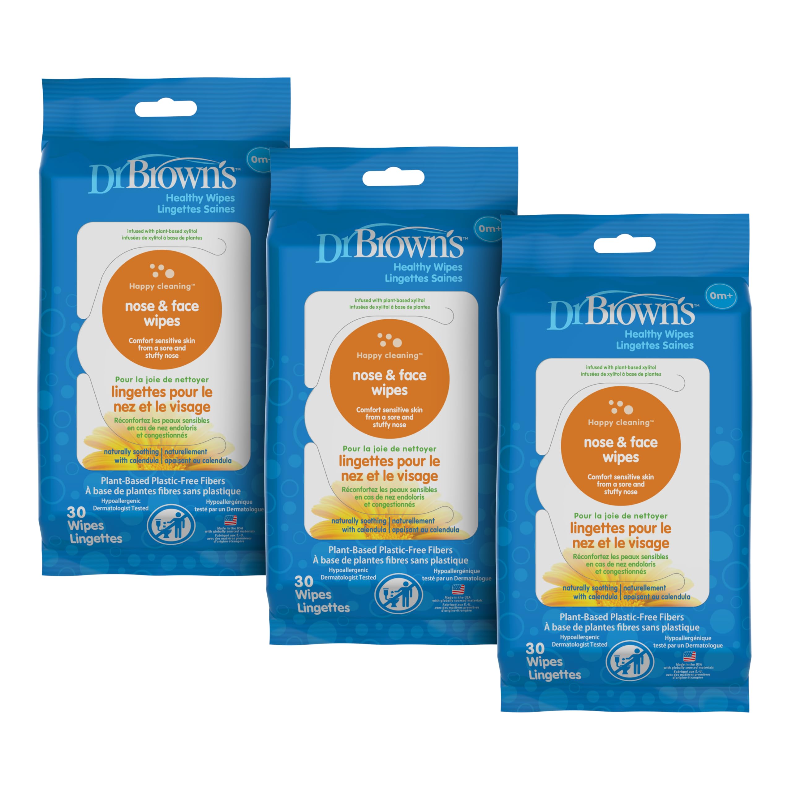 Dr. Brown's Nose and Face Healthy Wipes, Safe Cleaning and Moisturizing for Babies and Toddlers, Hypoallergenic for Sensitive Skin, 30 count, 3-Pack (Packaging May Vary)