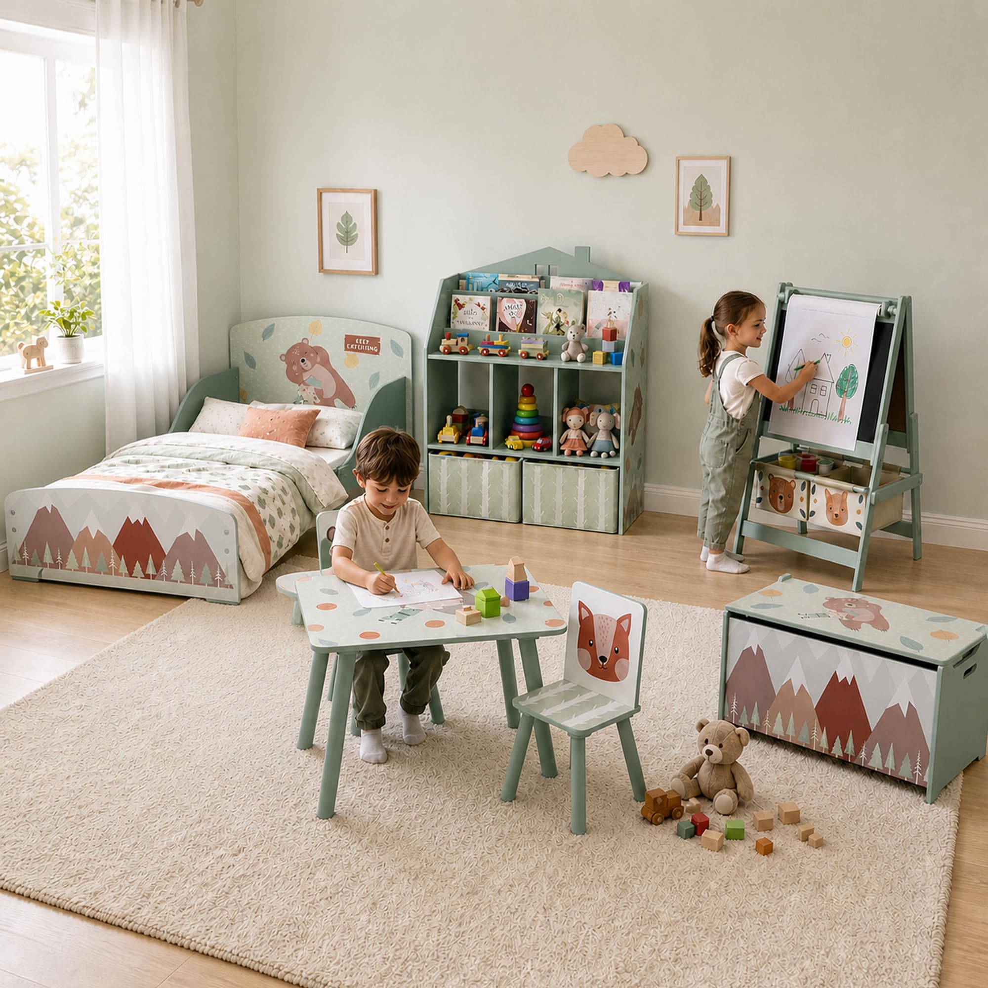 ZONEKIZ Table Enfant 2 chaises 3 pièces Motif Animal 3-8 Ans Vert
