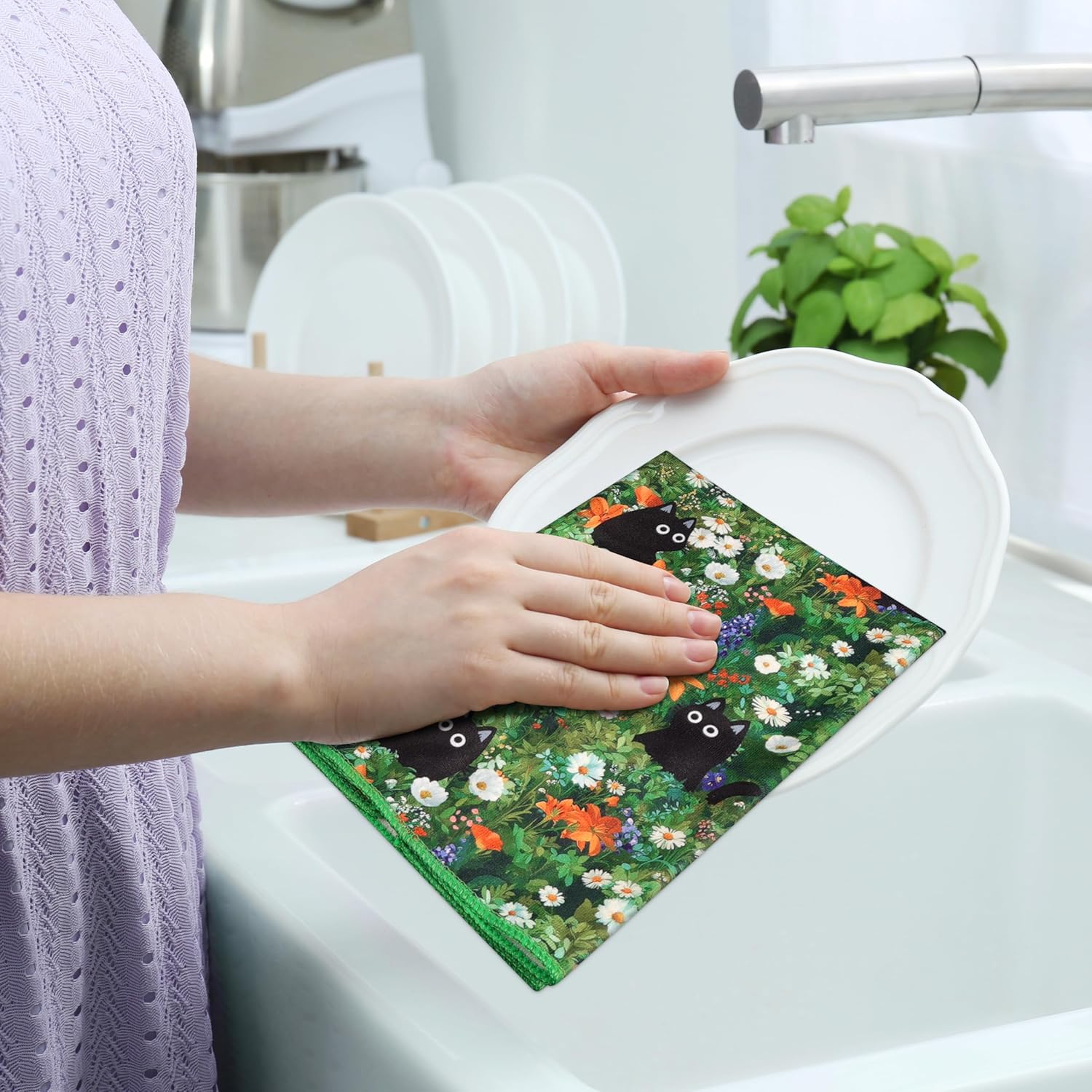 Cute Black Cat Kitchen Towels Set of 2 Floral Absorbent Hand Towels 15.7 x 23.6 Inch Decorative Dish Towels for Kitchen Home Housewarming Gifts - Image 4