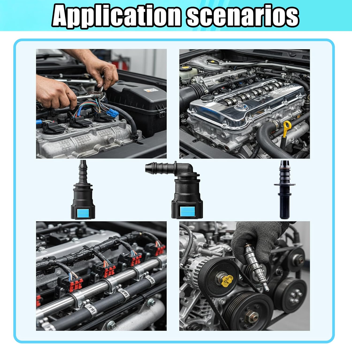 30PCS Fuel Line Quick Connector Assortment Kit, SAE 7.89mm 9.49mm 9.89mm，5/16" 3/8" Straight & Elbow Push-On Release Hose Fittings for Automotive Fuel Line Repair
