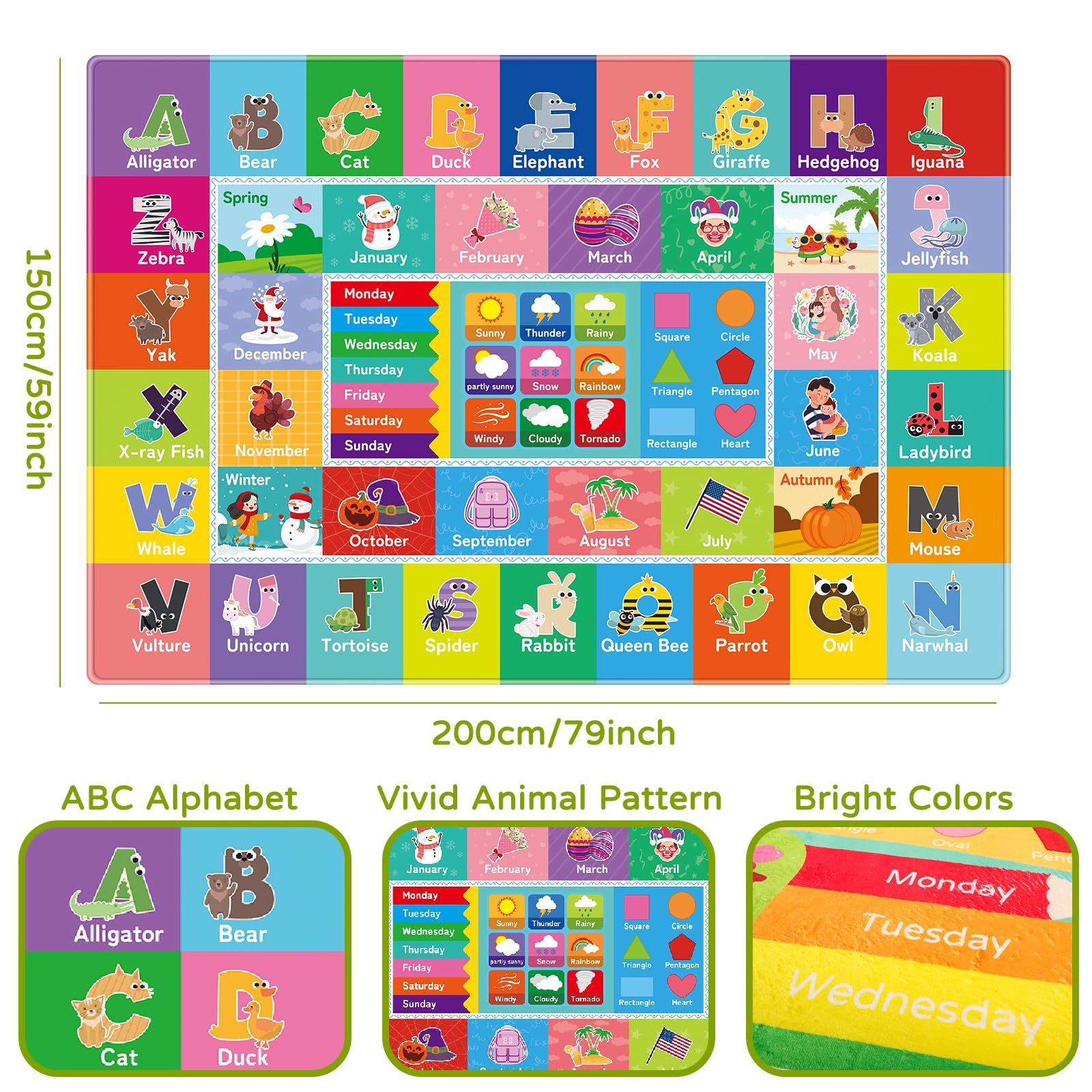 DINSUMRUG Kids Rug for Playroom Baby Playmat with Alphabet, Month, Weather, Week and Shapes ABC Educational Rug - Image 2