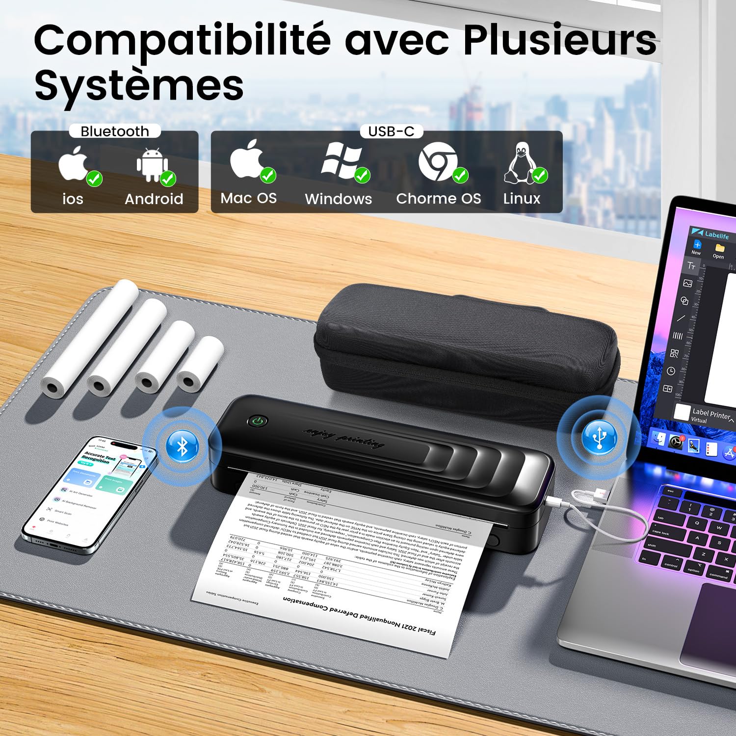 TATTMUSE Imprimante Thermique A4 Portable Bluetooth sans Encre pour Voyage, Noir