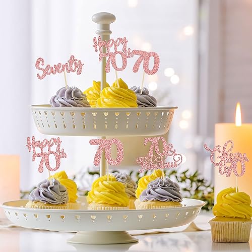 Miniatura 5 de Paquete de 30 adornos para cupcakes de feliz cumpleaños 70 con purpurina de oro rosa y 70 años de edad, para decoración de pasteles de 70 años de