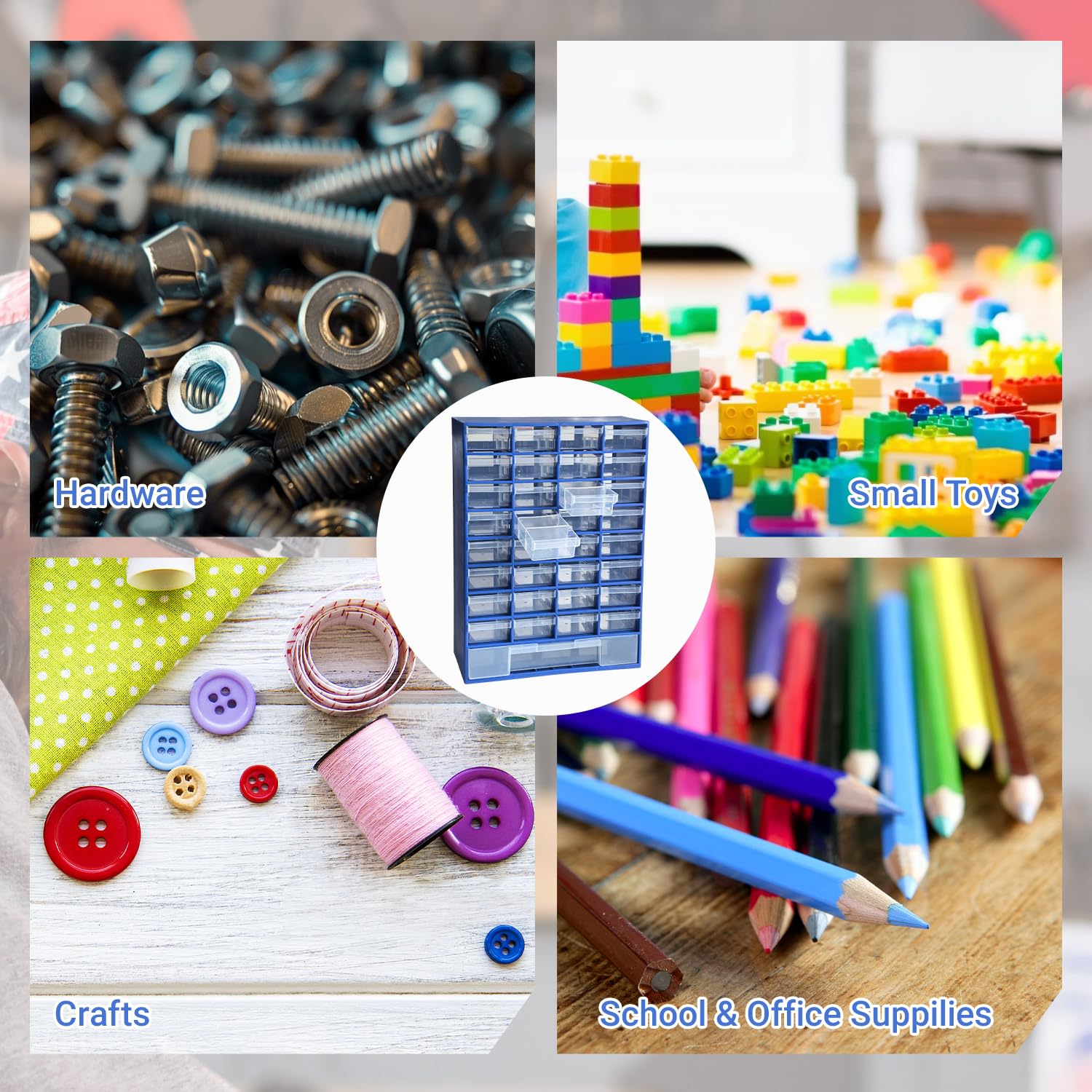 Organizador de piezas pequeñas de plástico de 33 cajones, contenedor de almacenamiento con cajones para hardware, piezas, manualidades, cuentas, 11.8 x 16.1 x 5.2 pulgadas (azul)