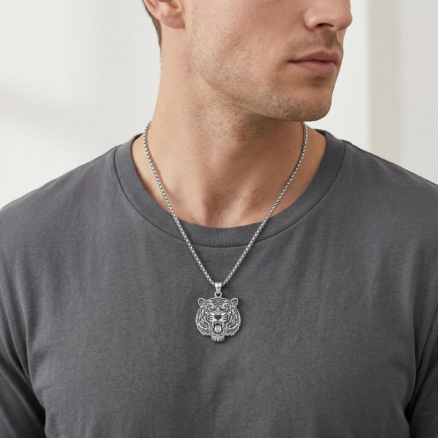 Tiger Necklace for Men 925 Sterling Silver Cool Roaring Tiger Head Pendant Gothic Animal Jewelry Spirit Totem Protection Gift for Him, w/Stainless Steel Chain 22'' + 2'