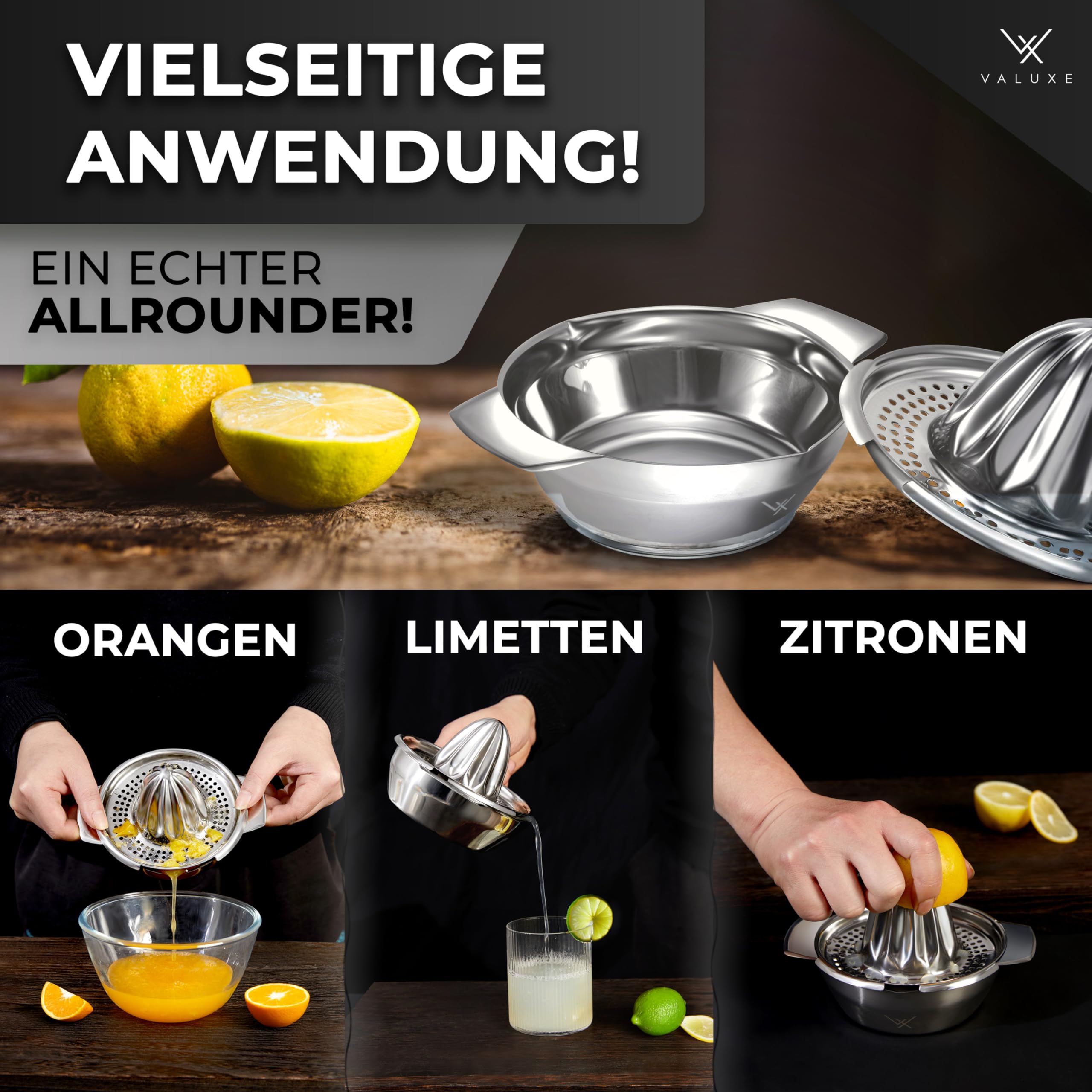 VALUXE® Premium Zitronenpresse Edelstahl - Zitruspresse für Zitronen, Limetten & Orangen mit 350ml Behälter - Manuelle Limetten-Presse, Lemon Squeezer spülmaschinengeeignet