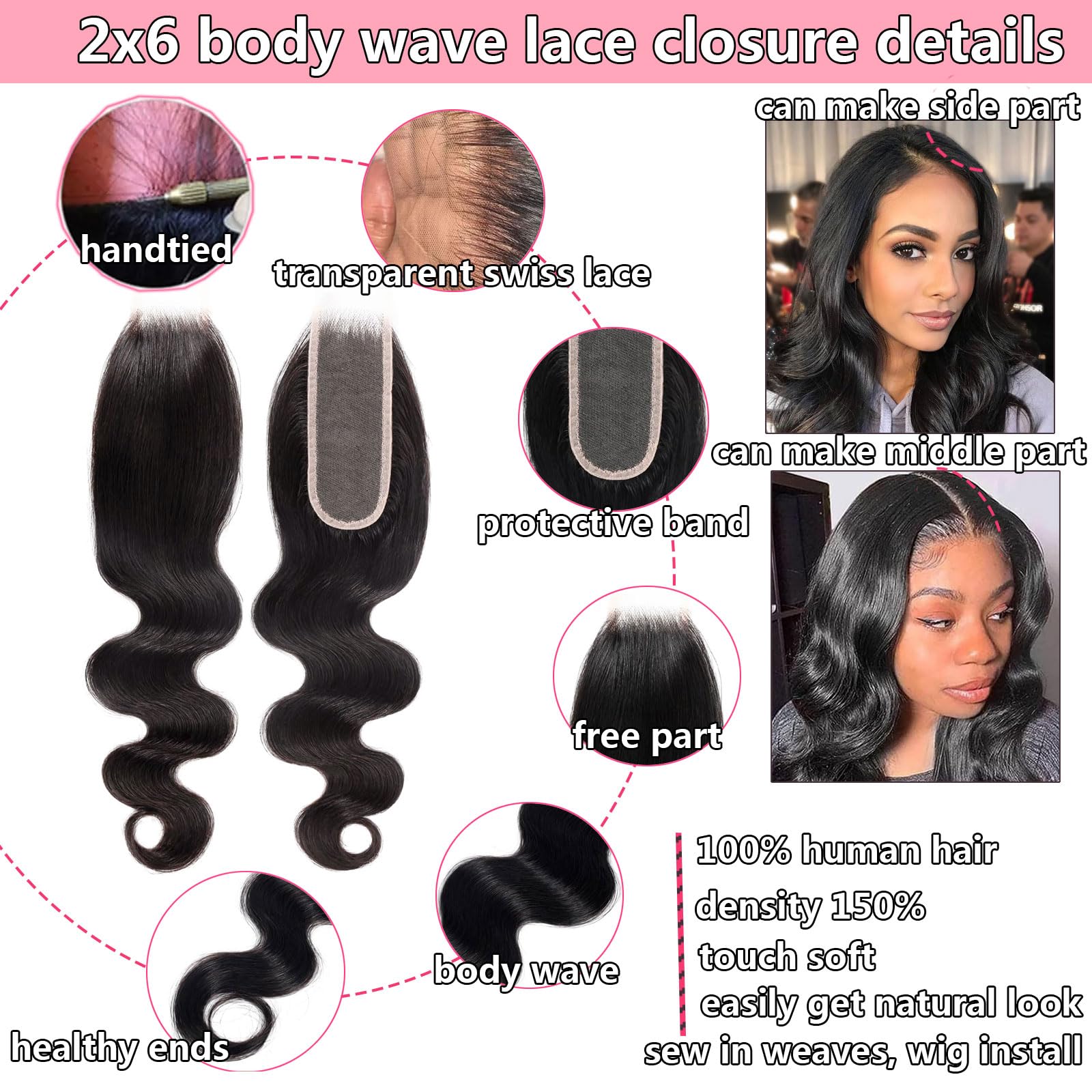 Huarisi 2x6 Transparent Lace Closure Body Wave 10 inch 100% Unprocessed Human Hair Free Part With Baby Hair Sew in Natural Hairline - Image 2