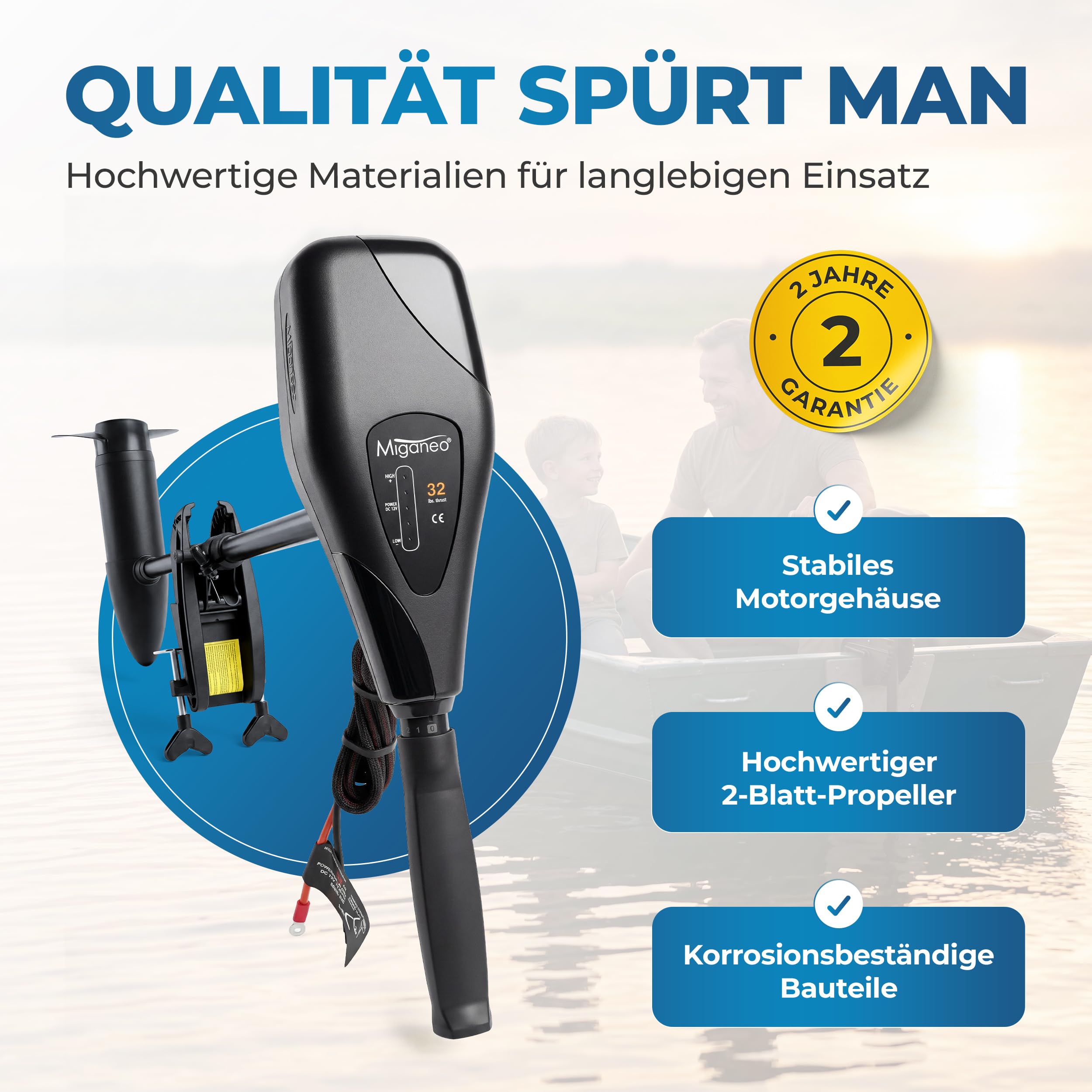 Miganeo Elektromotor Boot TRS 32 lbs – Elektro Außenborder 312 Watt – Salzwassertauglich & mit LED Batterieanzeige – Bootsmotor Elektro 12V auch für Schlauchboote – 5 Vorwärts- & 3 Rückwärtsgänge