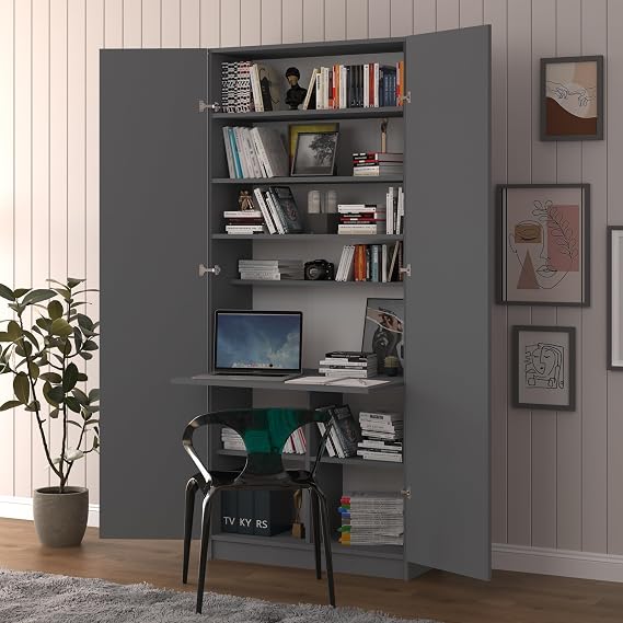 ASRA TREND Koyu Gri MD001 Katlanır Masa Dolabı 80x208 cm Çok Amaçlı Kitaplıklı Çalışma Masası Geniş Depolama Alanlı Fonksiyonel Kiler ve Modern Ofis Ünitesi%100 MDFLAM