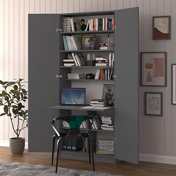 ASRA TREND Koyu Gri MD001 Katlanır Masa Dolabı 80x208 cm Çok Amaçlı Kitaplıklı Çalışma Masası Geniş Depolama Alanlı Fonksiyonel Kiler ve Modern Ofis Ünitesi%100 MDFLAM