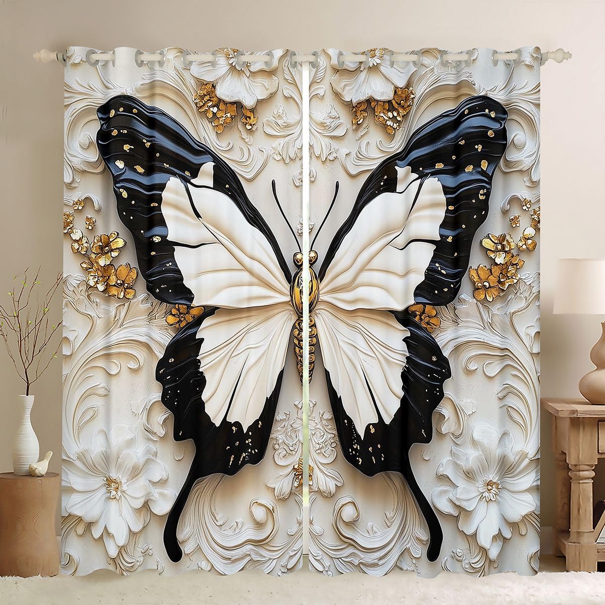 Rideau occultant 117x137 cm fleurs dorées et papillons noirs Homewish