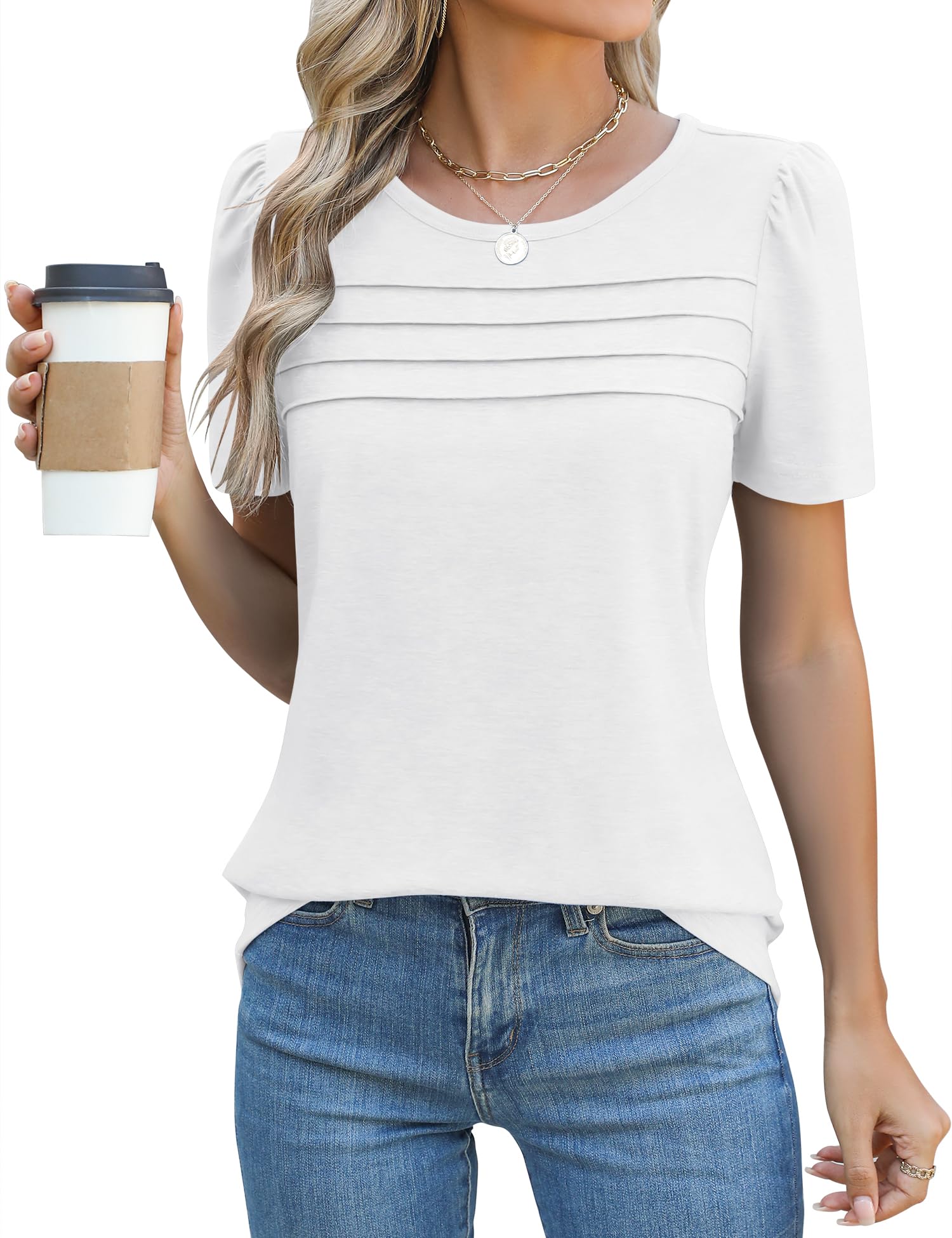 Rapbin Tshirt Damen Sommer Kurzarm Bluse Elegant Rundhals Mit Falten Oberteil Locker Puffärmel Blumen Lässig Tunika Tops 2026