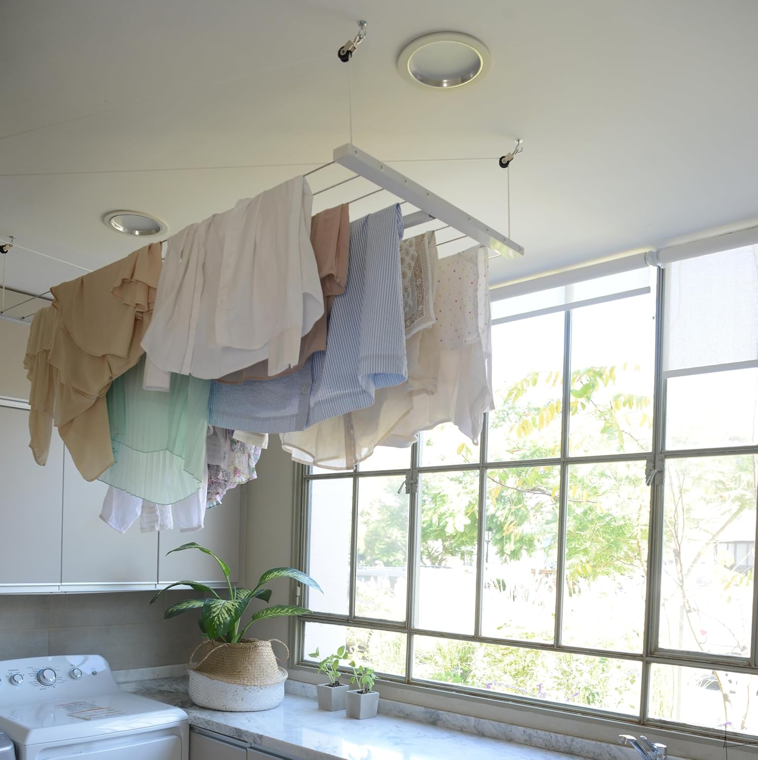 Compact Ceiling Drying Rack with Pulley System – Ideal for Small Laundry Rooms and Apartments – Aluminum Build (39.5" x 23.6")
