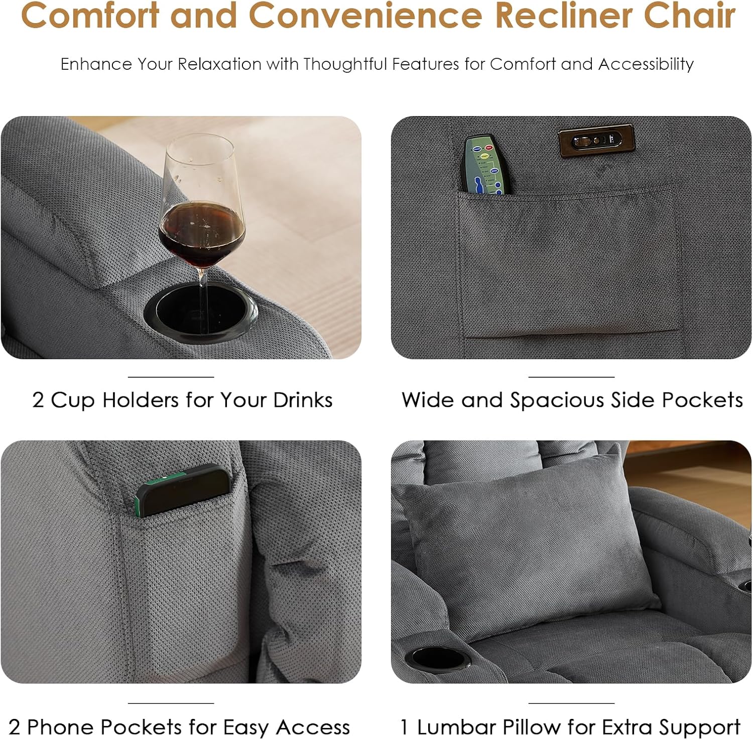SAMERY Power Recliner Chair, Electric Wall Hugger Recliners with Massage & Heat, Comfy Reclining Sleeper Chair Movie Sofa Home Theater Seat with Cup Holders/USB Port/LED Light/Lumbar Pillow/Remote
