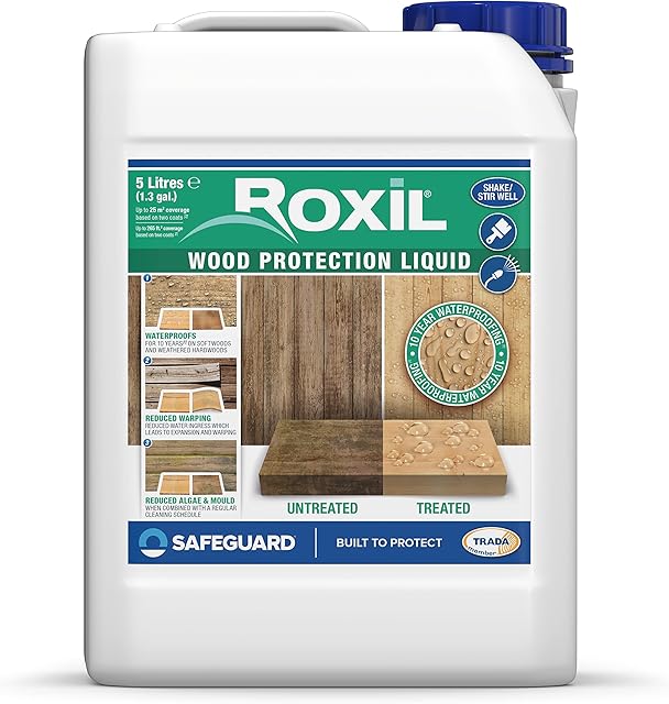 Roxil Wood Waterproofing Liquid (5L Clear) 10 Year Wood Preserver Outdoor, Wood Sealer for decking, Fence, Sheds and Furniture