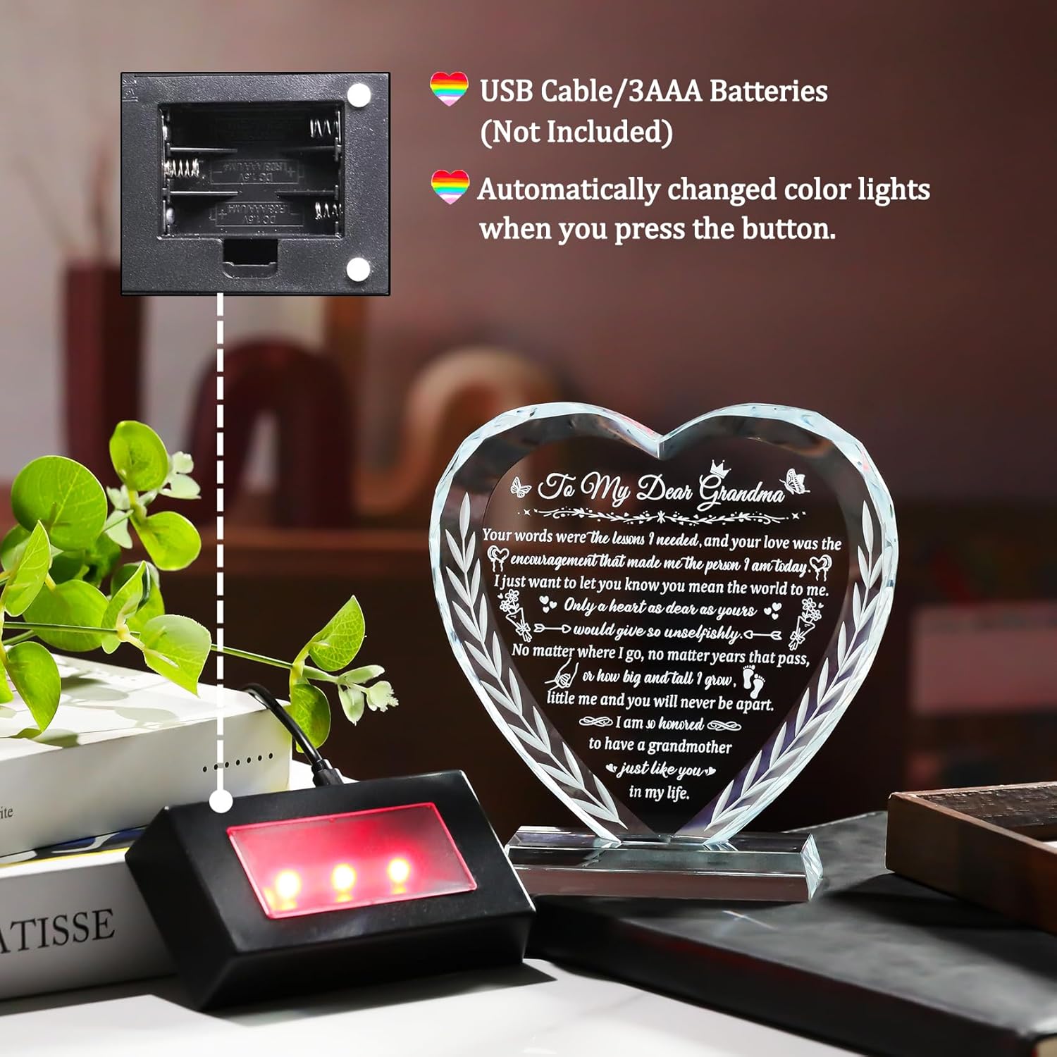 Grandma Gifts from Granddaughter Grandson with LED Light Base, Crystal Heart Grandma Birthday Gift,Great Gifts Ideas for Grandmother on Mothers Day Christmas Valentine Thanksgiving