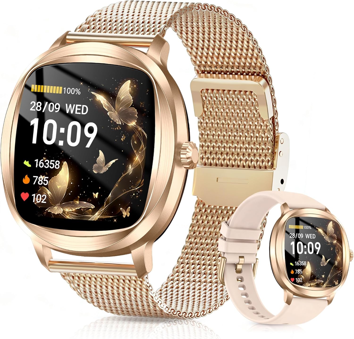 Smart Watch for Women, 1.72" Fitness Tracker with Answer/Make Calls, Sleep/Heart Rate Monitor, Smartwatch for Android iOS Support 100+ Sports Modes, IP68 Waterproof, Fitness Watch with 2 Band