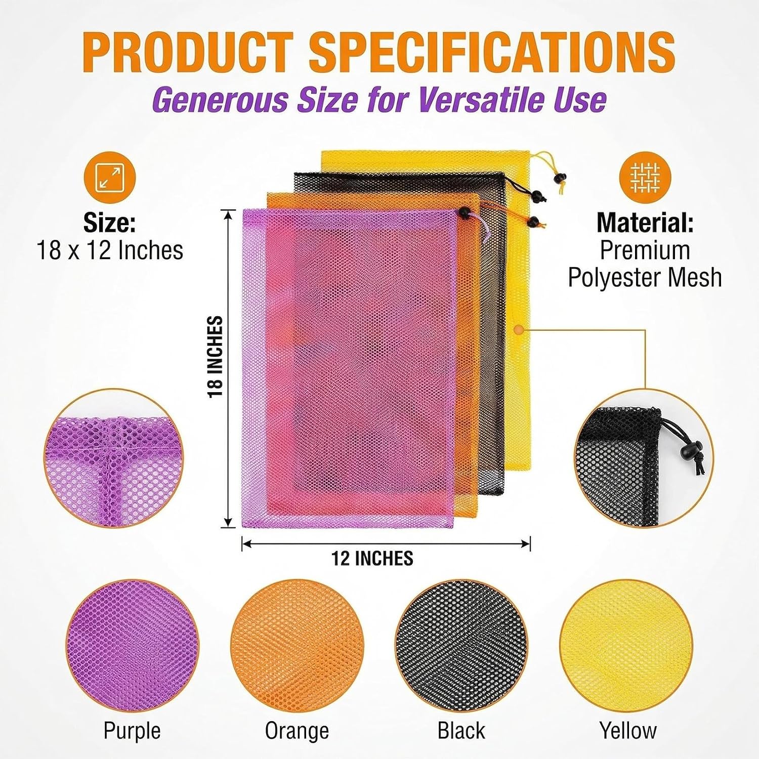 7PCS Colorful Mesh Drawstring Bag - Mesh Bag 18x12 Inch Breathable Nylon Mesh Storage Bag with Drawstring Closure Lightweight Net Organizer for Travel, Home, Gym, Daily Essentials