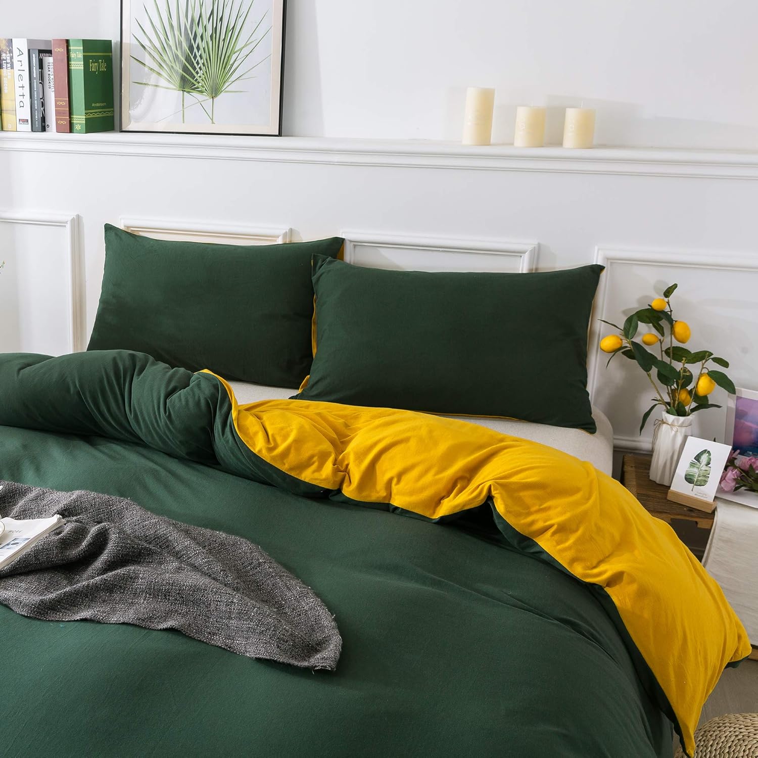 Hоlіdау Dеаlѕ 🛒 Household 3-Piece Duvet Cover Queen, 100% Jersey Knit Cotton Duvet Cover, Ultra Soft and Easy Care, Simple Style Bedding Set (Dark Green and Yellow, Full/Queen) Exсluѕіvе Dіѕсоunt 50% Prісе Household 3-Piece Duvet Cover Queen, 100% Jersey Knit Cotton Duvet Cover, Ultra Soft and Easy Care, Simple Style Bedding Set (Dark Green and Yellow, Full/Queen)