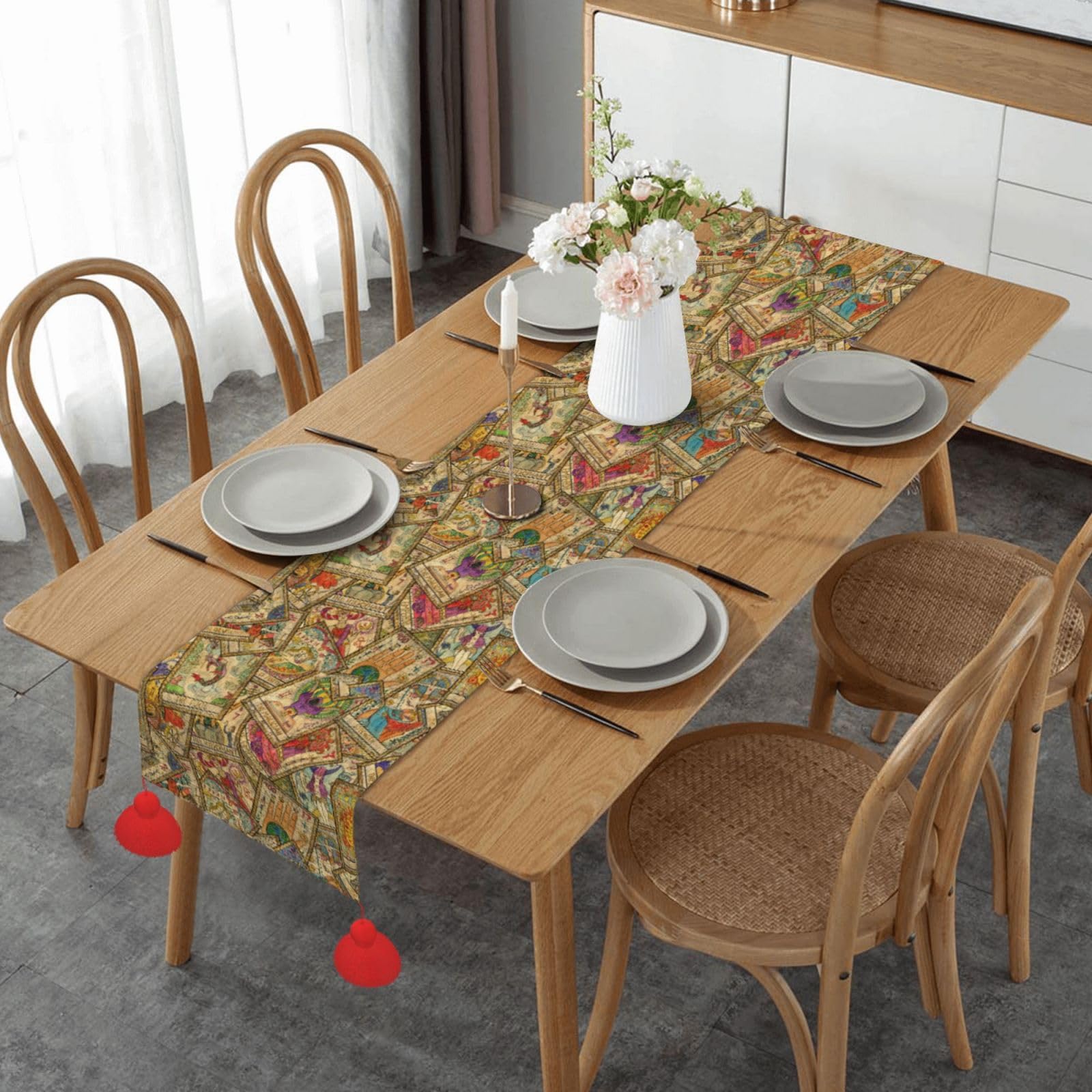 Chemin de table tarot coloré 35x152 cm antidérapant avec pompons pour décoration