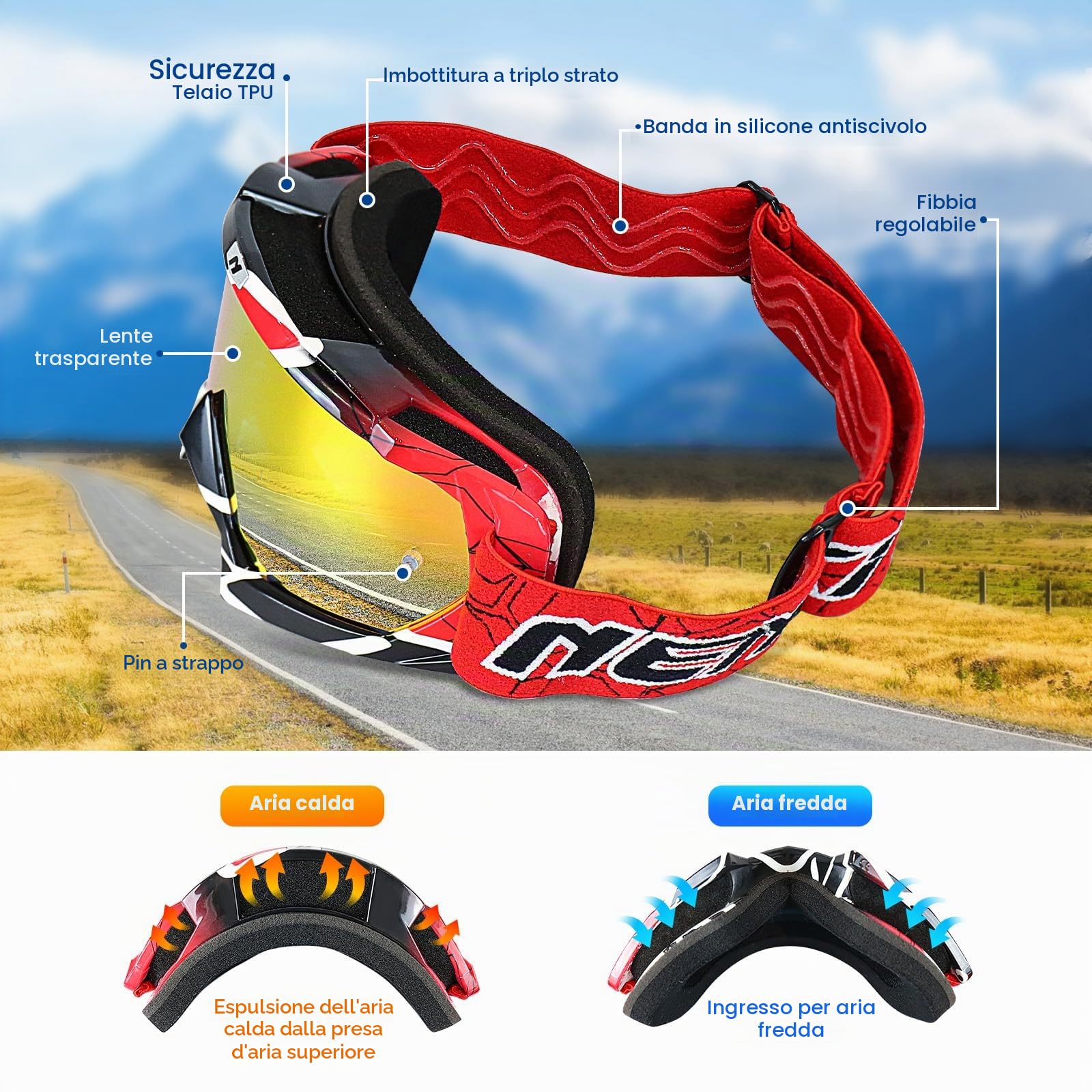 Occhiali da Motocross, Occhiali da Sci Uomo Donna, Anti Uv/vento/polvere/Graffio, Maschera Cross per Attività All'Aperto, Motociclismo, Sci
