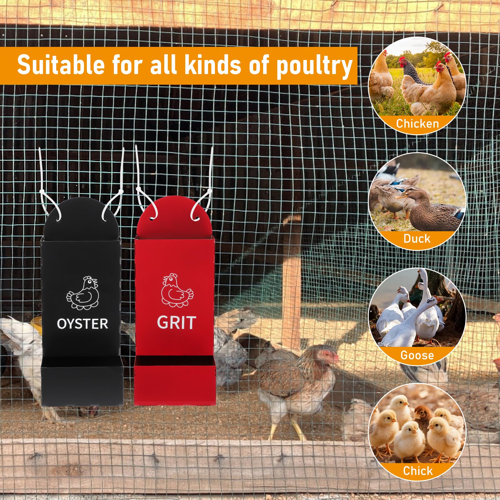 BigKing Trogolo – 2 dispensadores de grava para aves de corral, rojo + negro, 1,3 l/unidades, de metal, alimentador automático para gallinas, comedero para interiores y exteriores