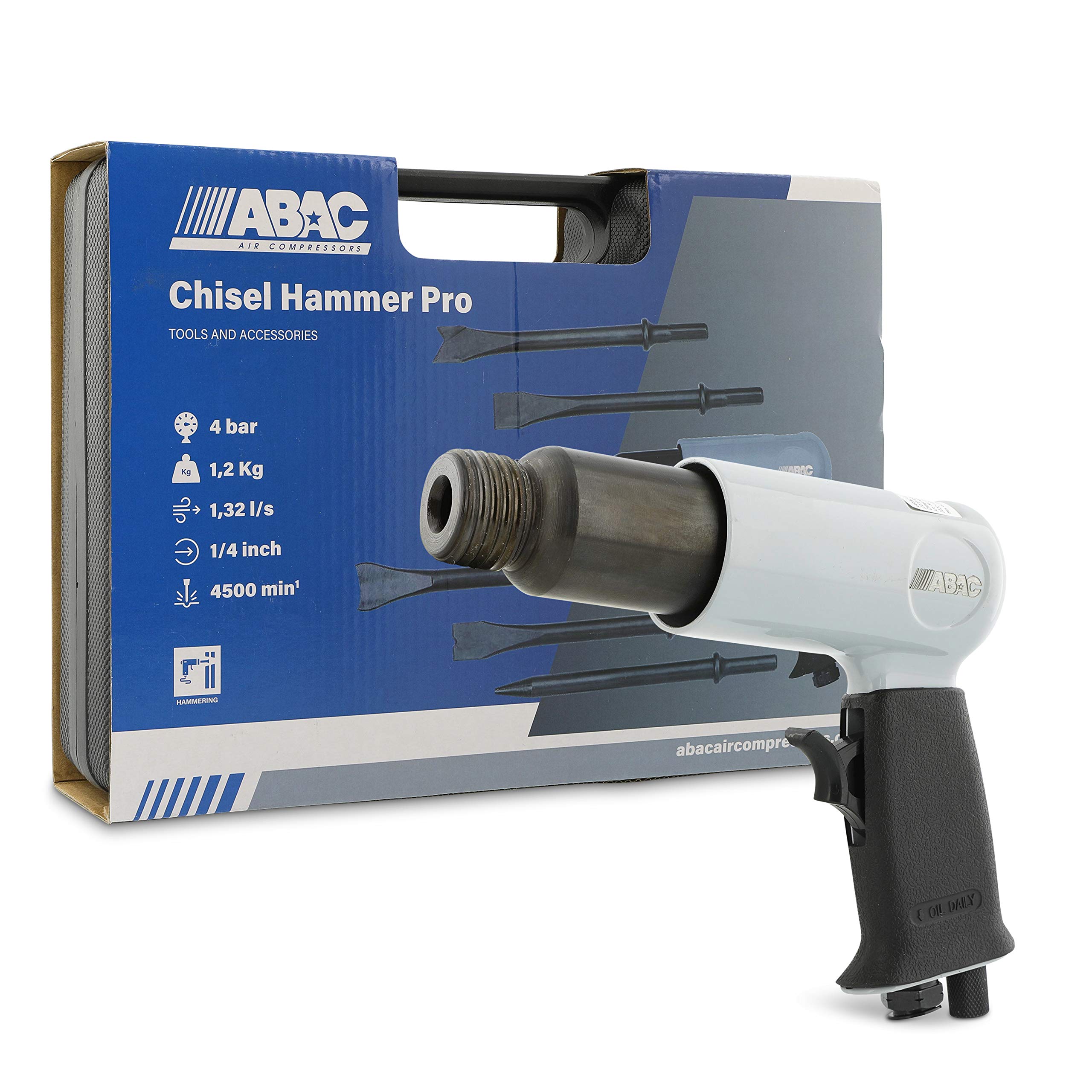 ABAC Martello Scalpellatore Pneumatico G-475 - Valigetta in plastica con accessori (5 scalpelli 175 mm + molla di arresto + mini oliatore + bottiglia d'olio vuota) - 4500 numero di impatti