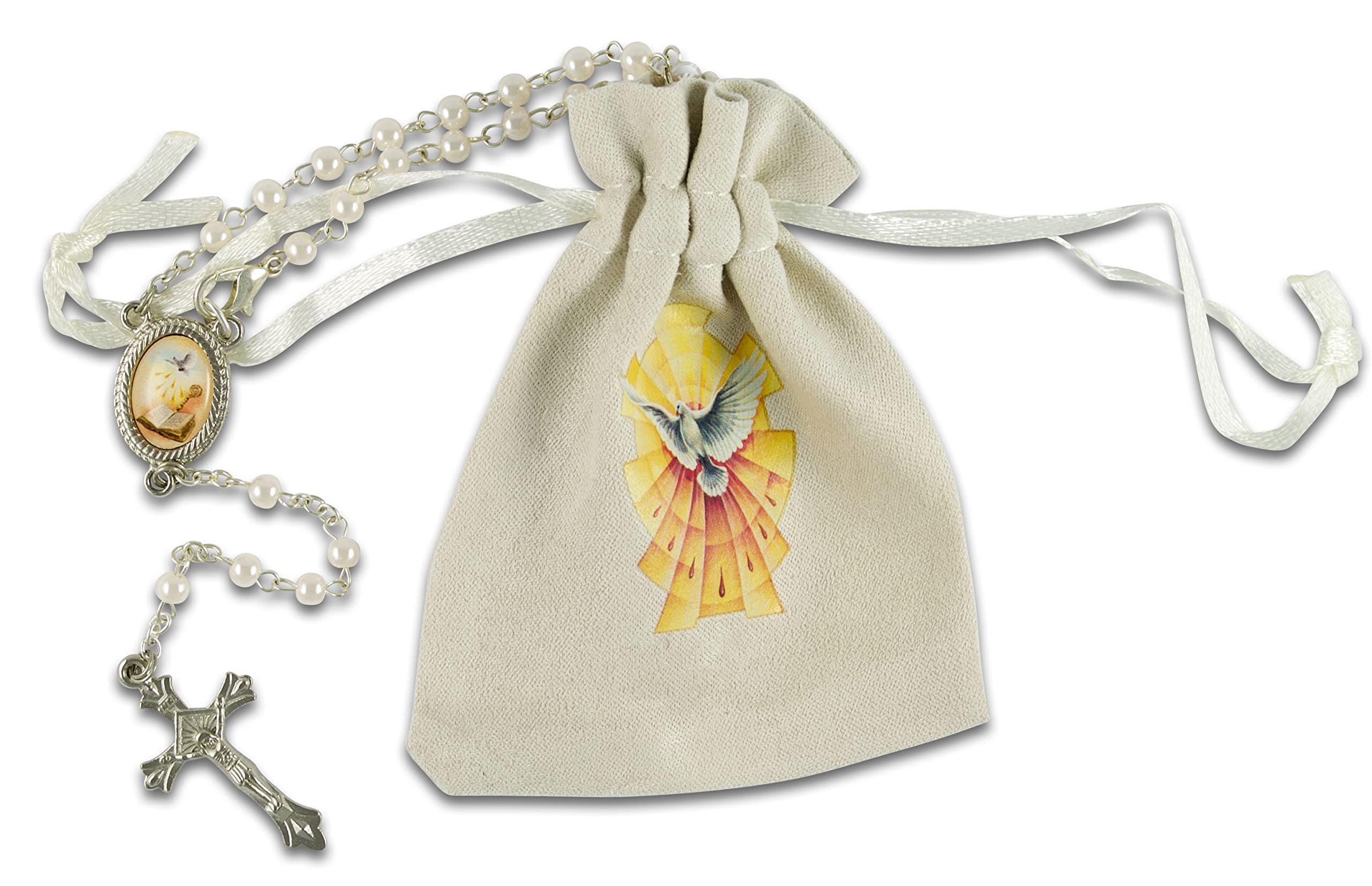 MaMeMi Rosario de comunión Blanco con Cierre en Bolsa de Tela, diseño de Paloma