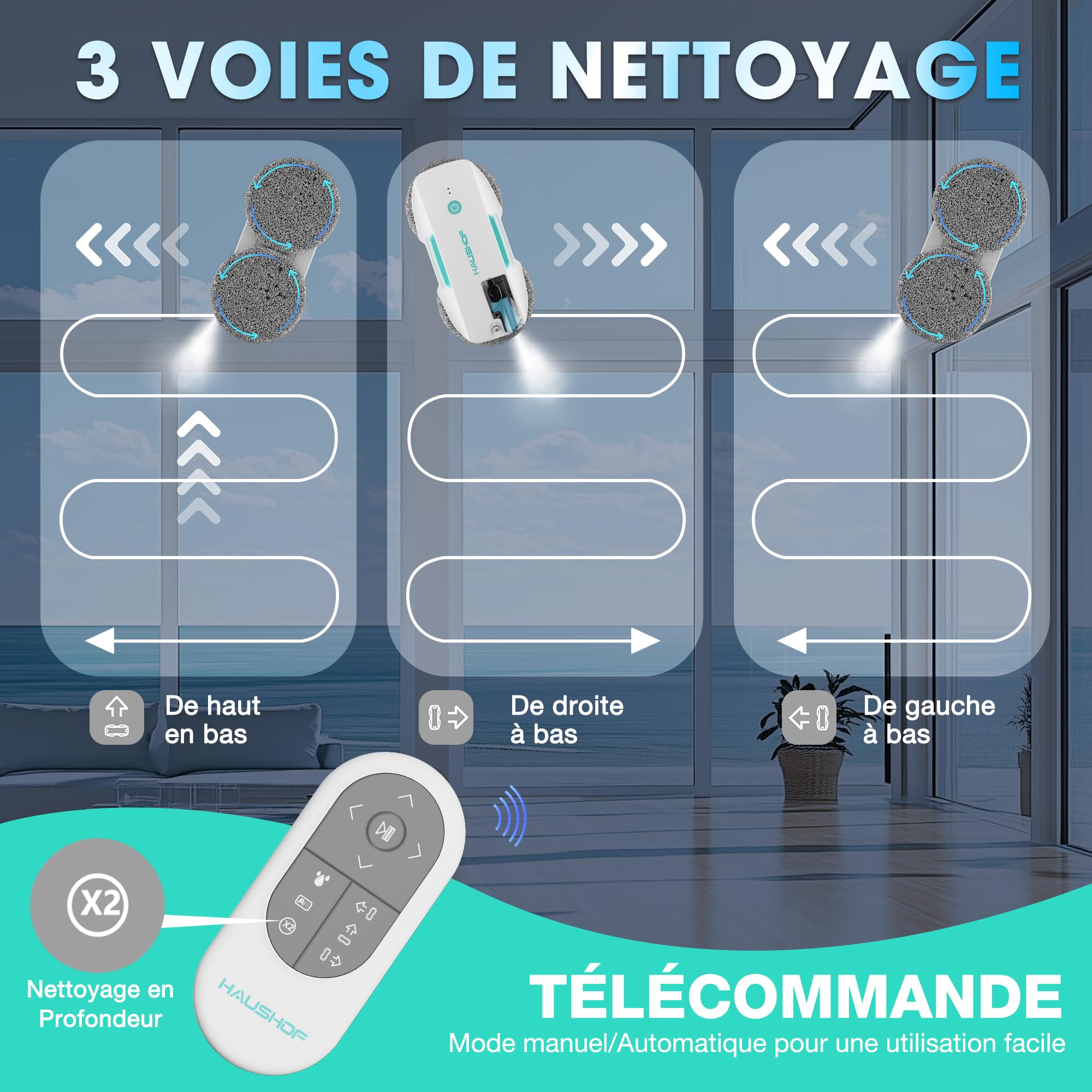 HAUSHOF Robot Nettoyeur de Vitres, Robot Laveur de Vitre Automatique, Nettoyeur de Vitres Électrique, Aspiration Puissante 3800Pa, Détection des Bords, Télécommandé, pour Surfaces Lisses
